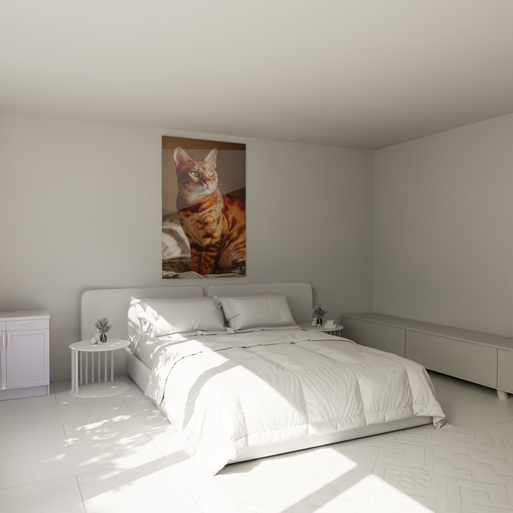 Sokoke cat portrait wall art decorating modern bedroom, warm ambiance with coordinated natural tones