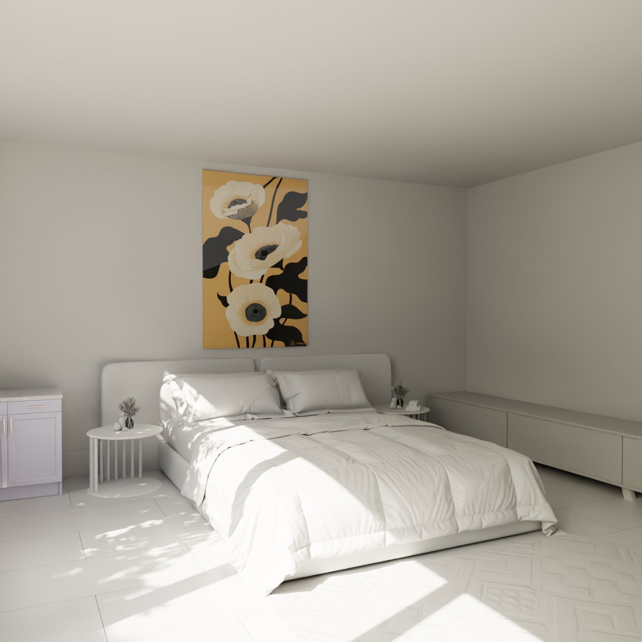 Art deco flower painting in modern bedroom, sophisticated wall decoration beige tones