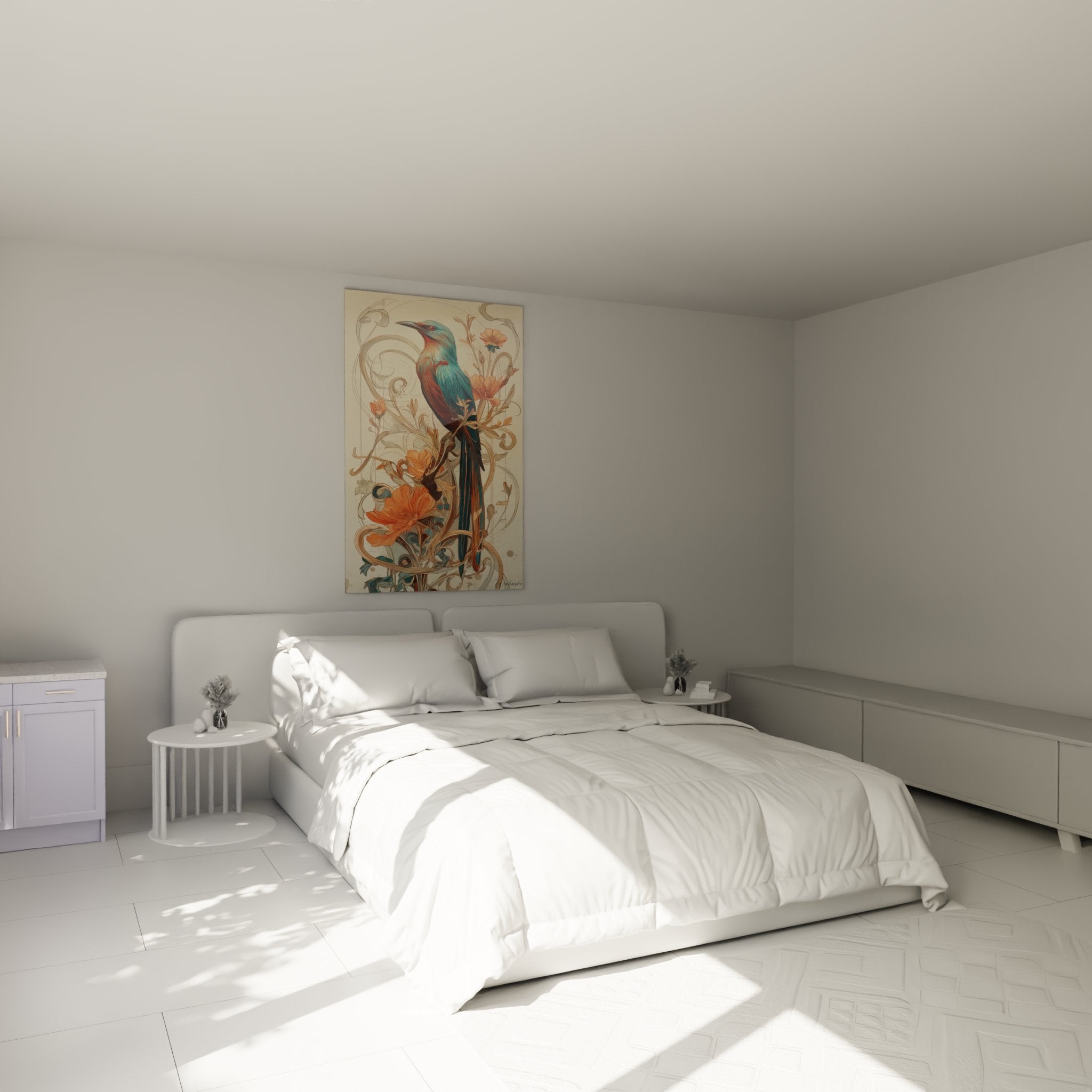 Exotic bird art deco wall art elegantly decorating a bedroom with neutral and warm tones