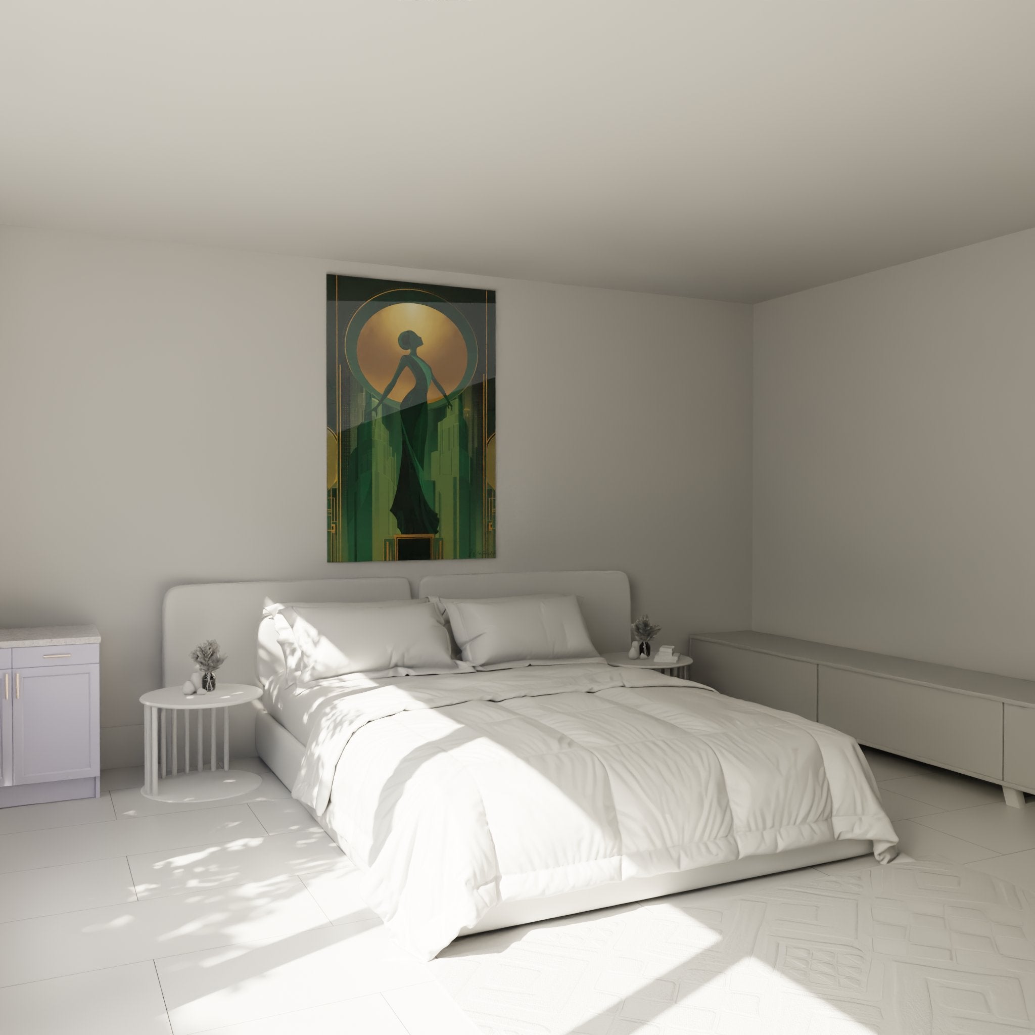 Quadro art déco donna elegante installato in una camera moderna con tonalità verdi e dorate