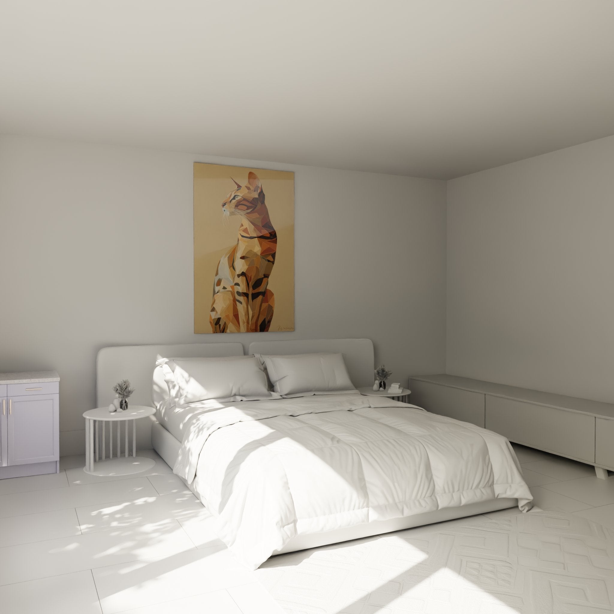 Quadro gatto Serengeti poligonale in camera moderna, decorazione murale contemporanea con colori caldi