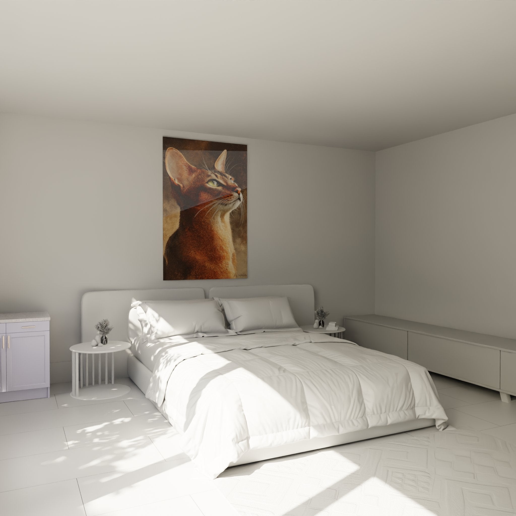 Abyssinian cat portrait wall art hanging on the wall of a modern bedroom with contemporary decoration