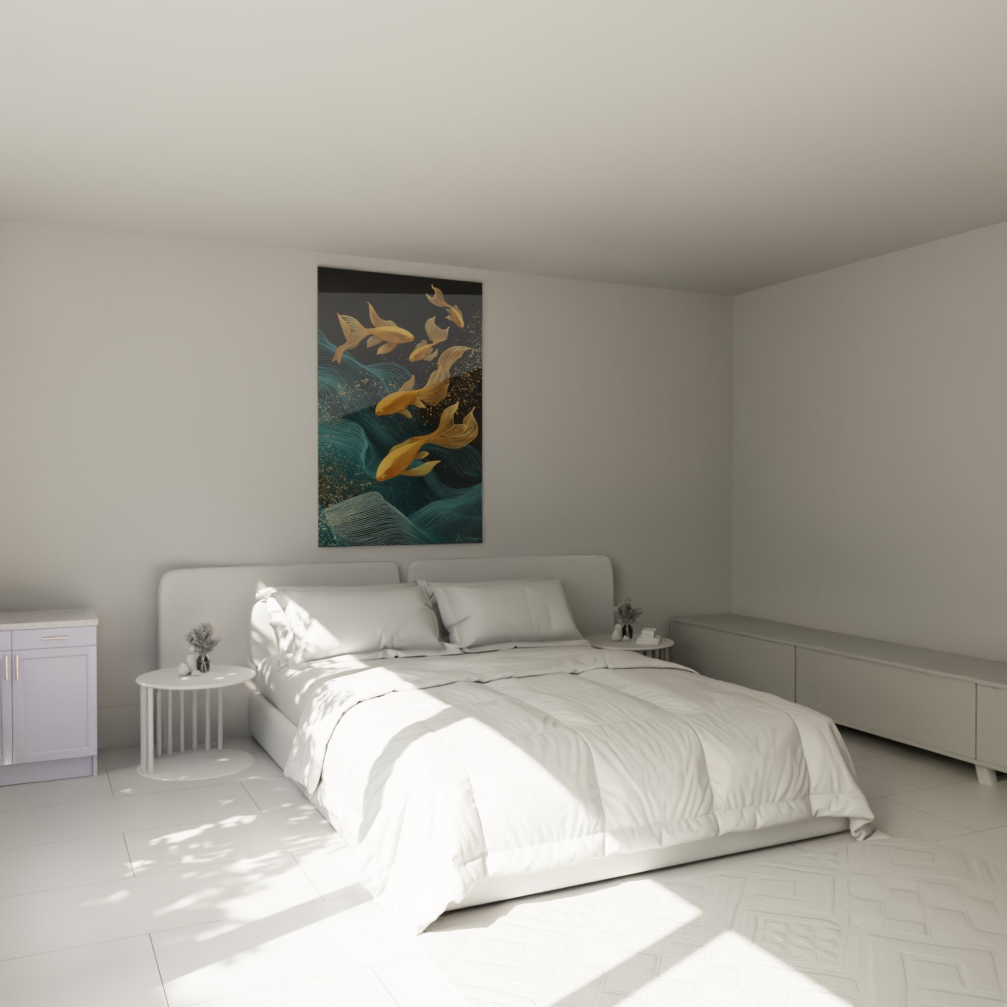 Quadro pesci dorati art deco appeso in camera moderna con decorazione murale elegante e raffinata