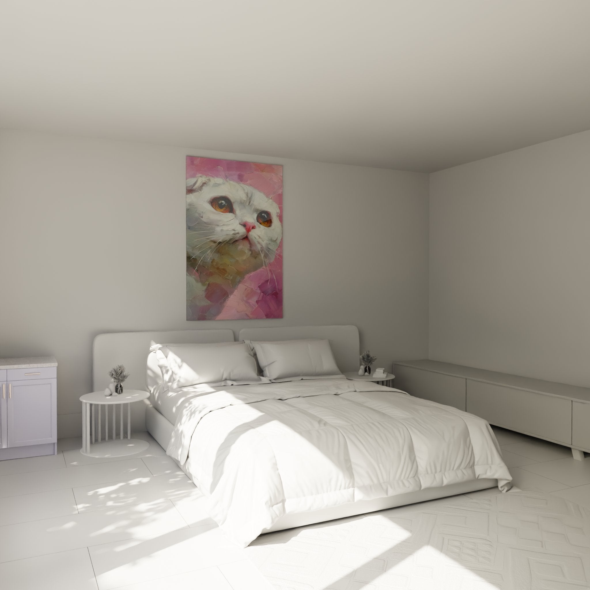 Bedroom decoration with Scottish Fold cat artwork in rose, soft and soothing ambiance