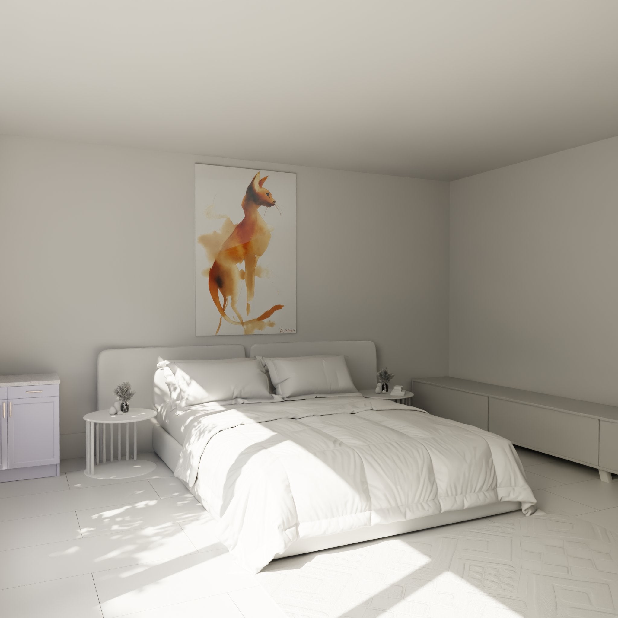 Quadro gatto Serengeti acquerello dorato in camera moderna decorazione murale felina elegante