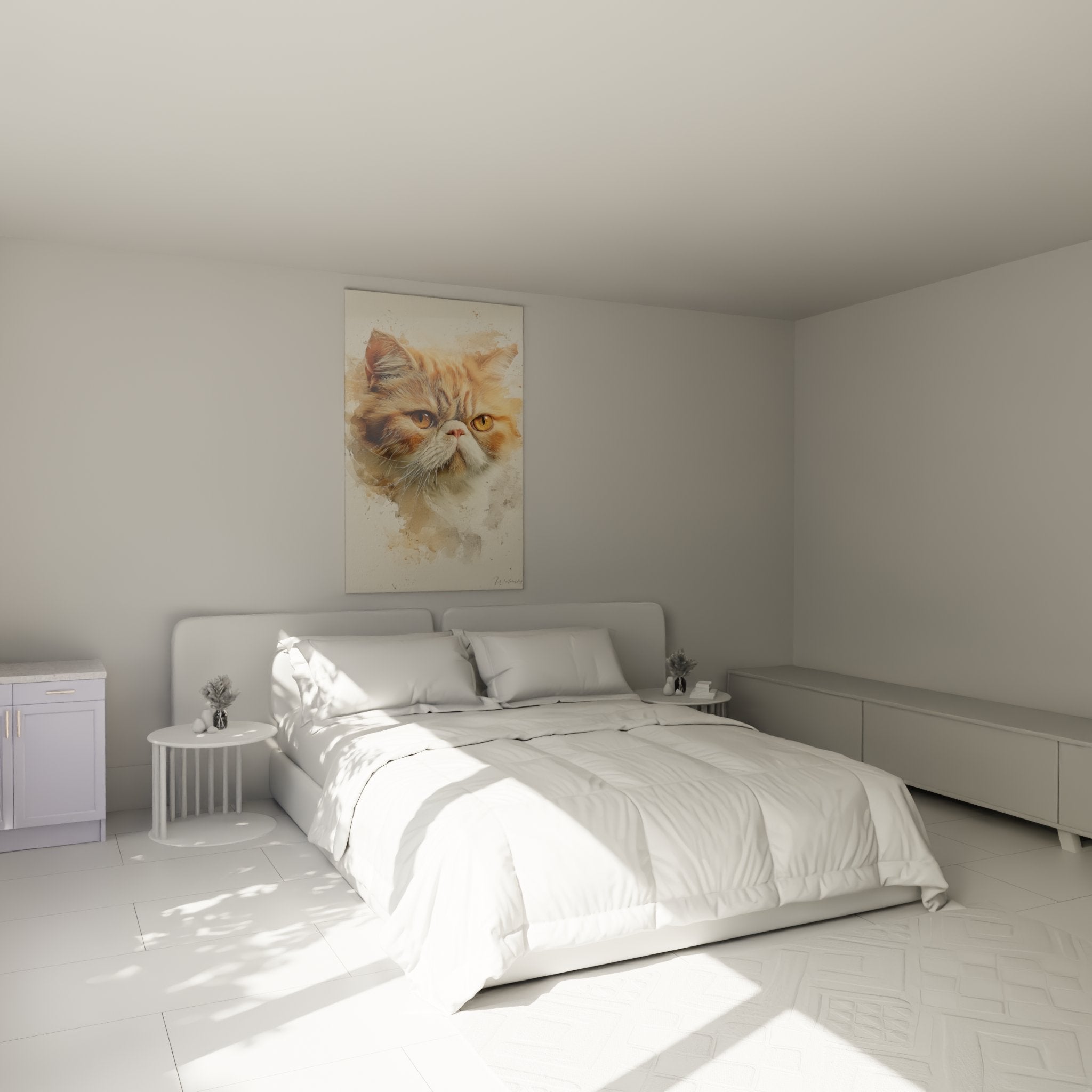 Tableau chat Exotic Shorthair aquarelle dans chambre moderne, décoration murale apaisante tons ocre
