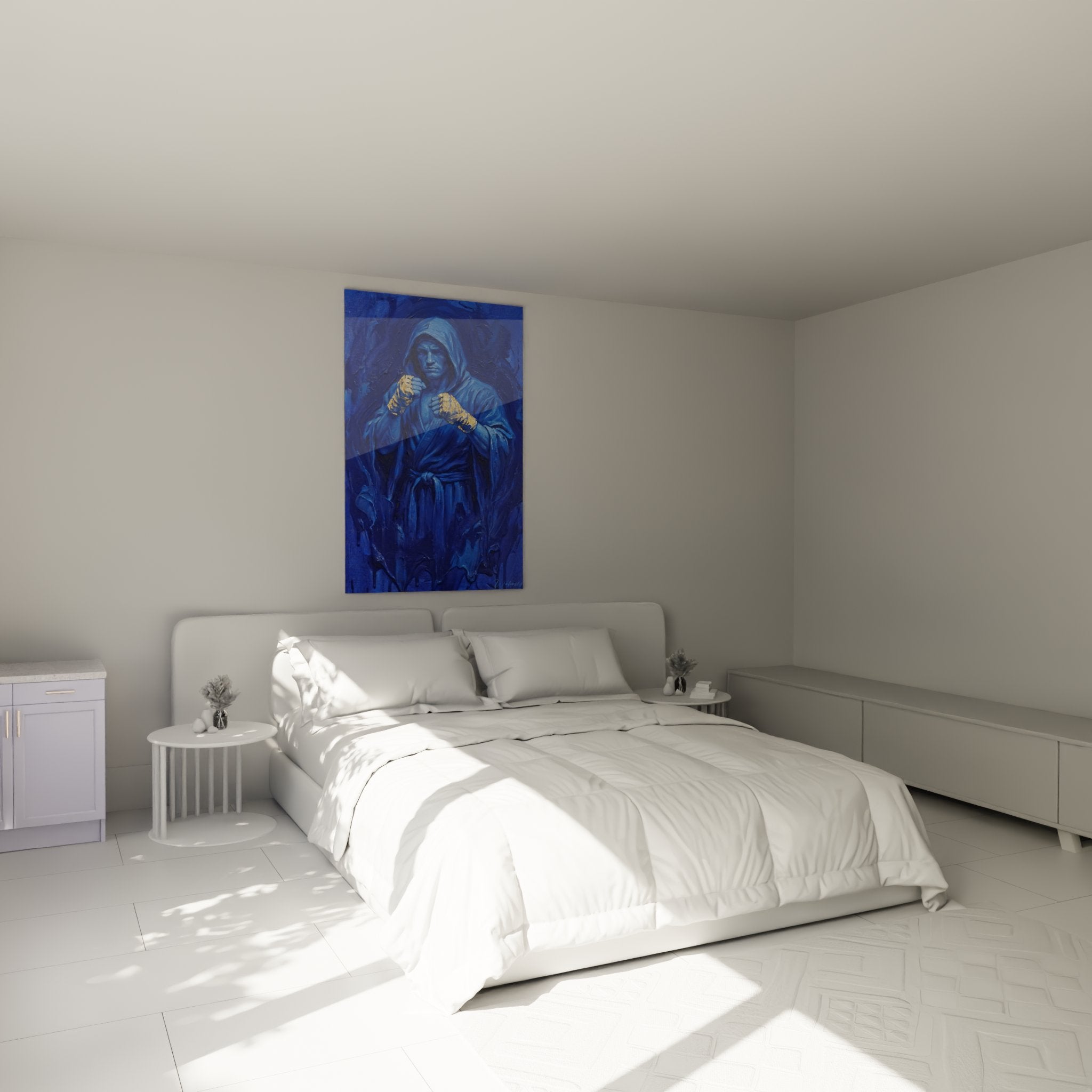 Decoration chambre avec tableau boxeur bleu - ambiance sportive et moderne pour interieur contemporain