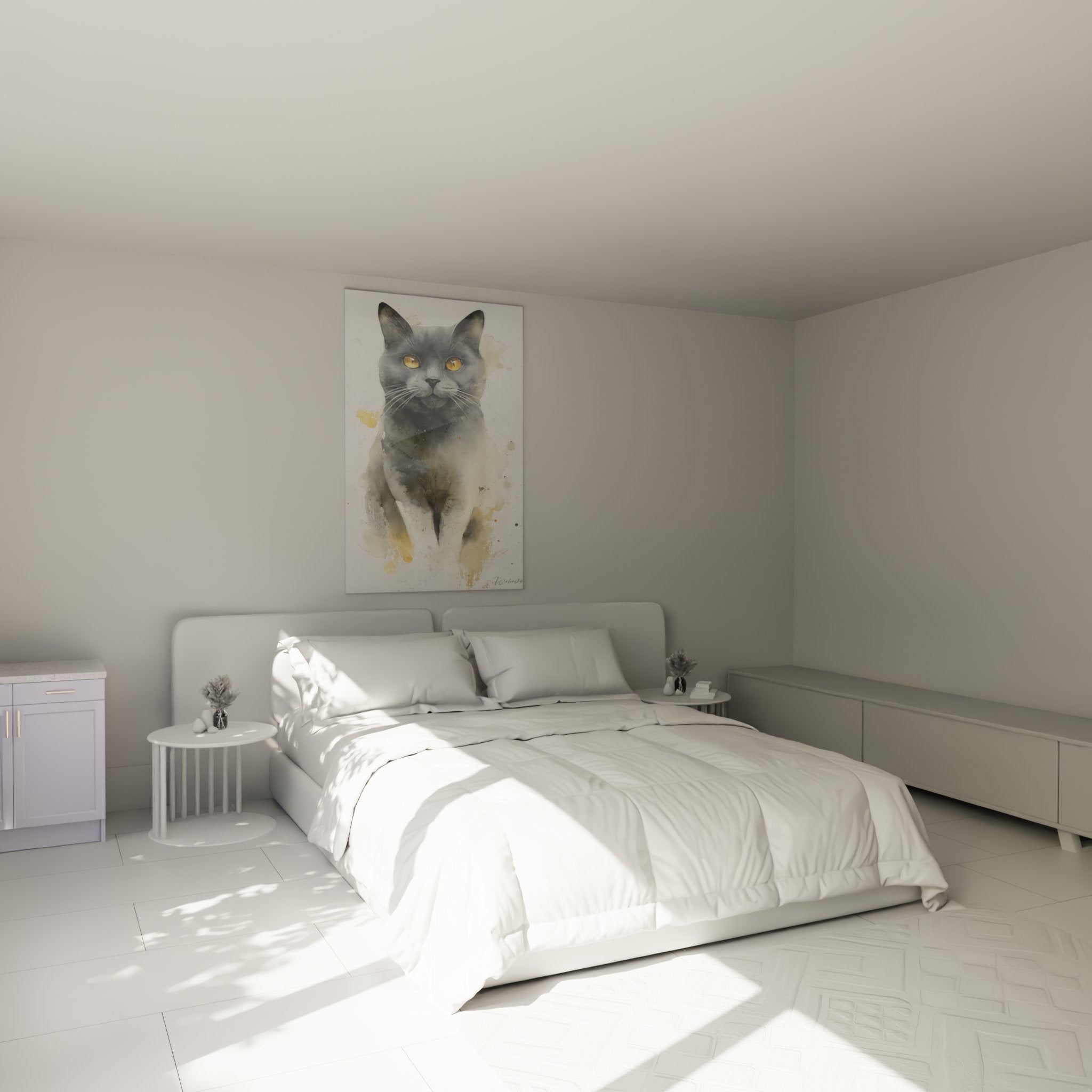 Chartreux cat portrait artwork decorating a modern bedroom, feline wall art with soothing grey and gold tones