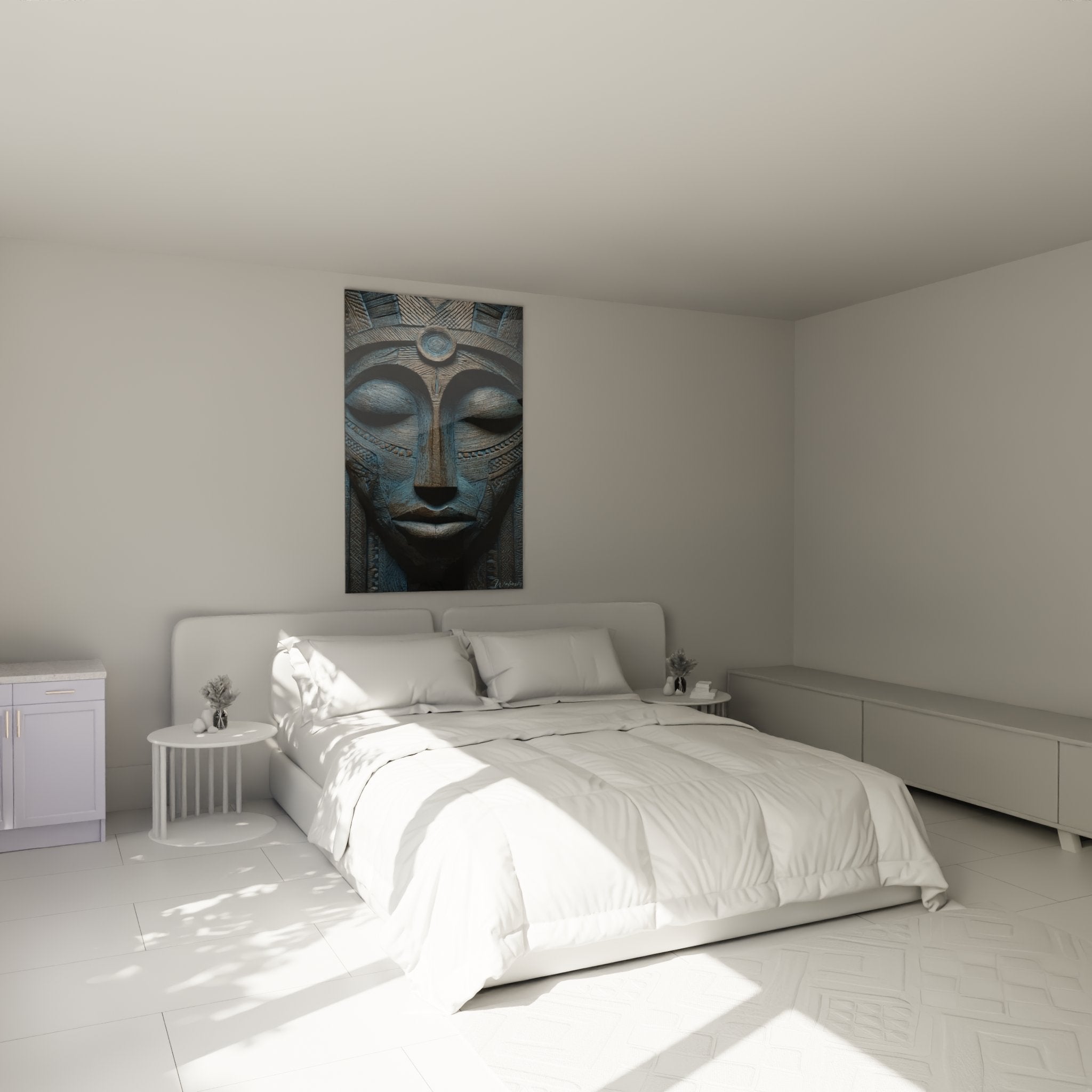 Decorazione camera con quadro maschera africana blu crea un'atmosfera etnica rilassante