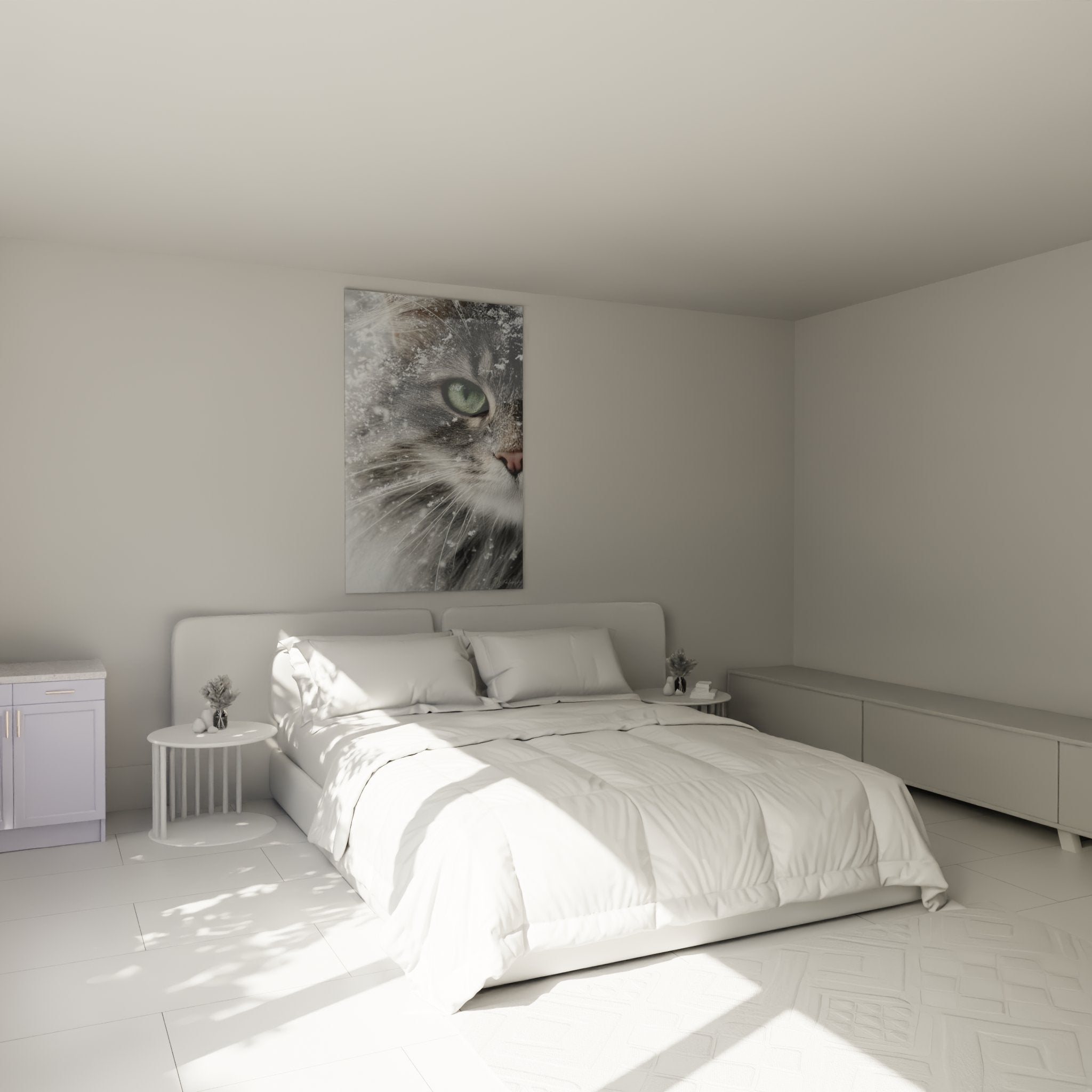 Decoration murale chambre avec tableau chat neige, ambiance cosy et apaisante pour interieur moderne