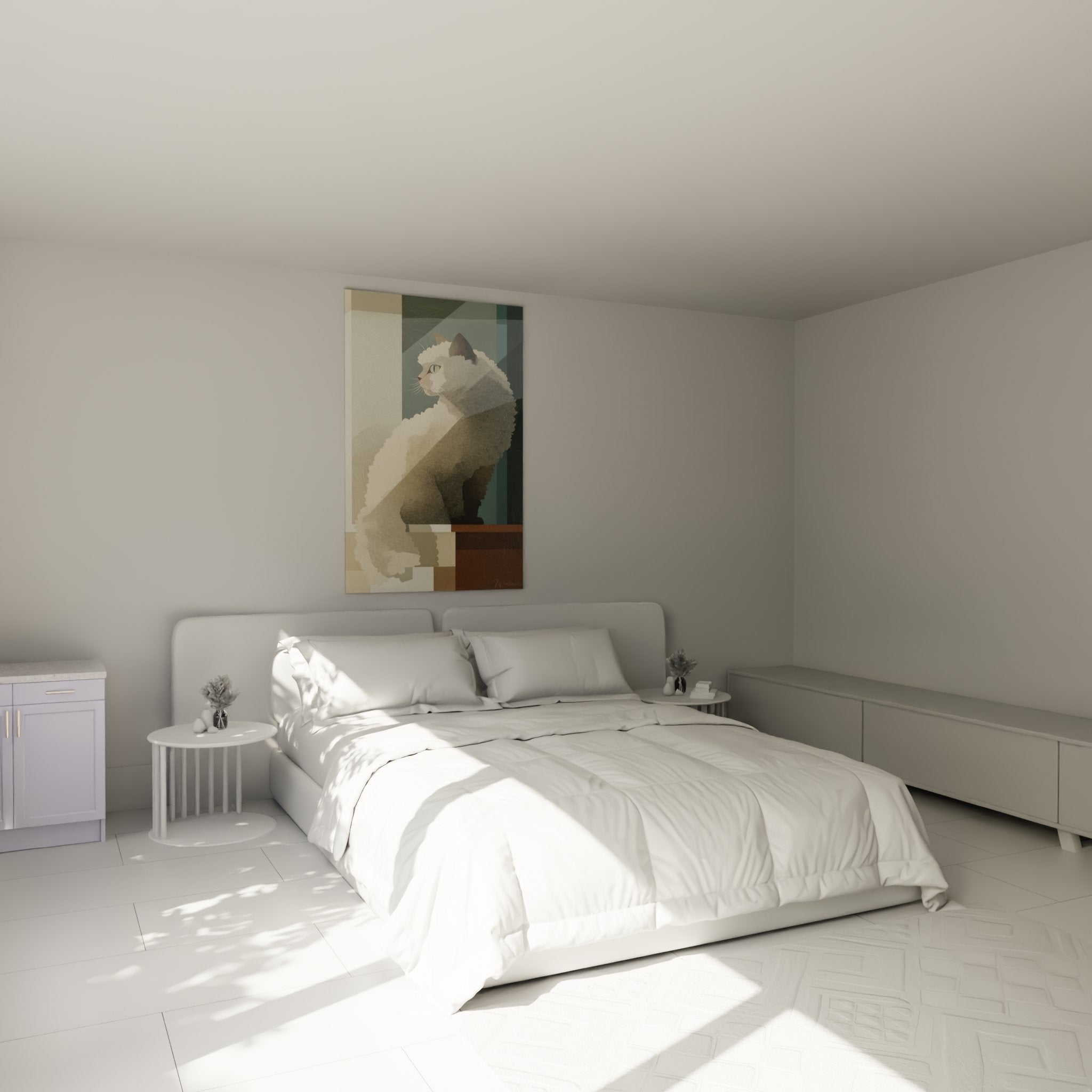 Wanddekoration Schlafzimmer mit Gemälde einer Selkirk Rex Katze, die aus dem Fenster schaut, modernes und beruhigendes Ambiente