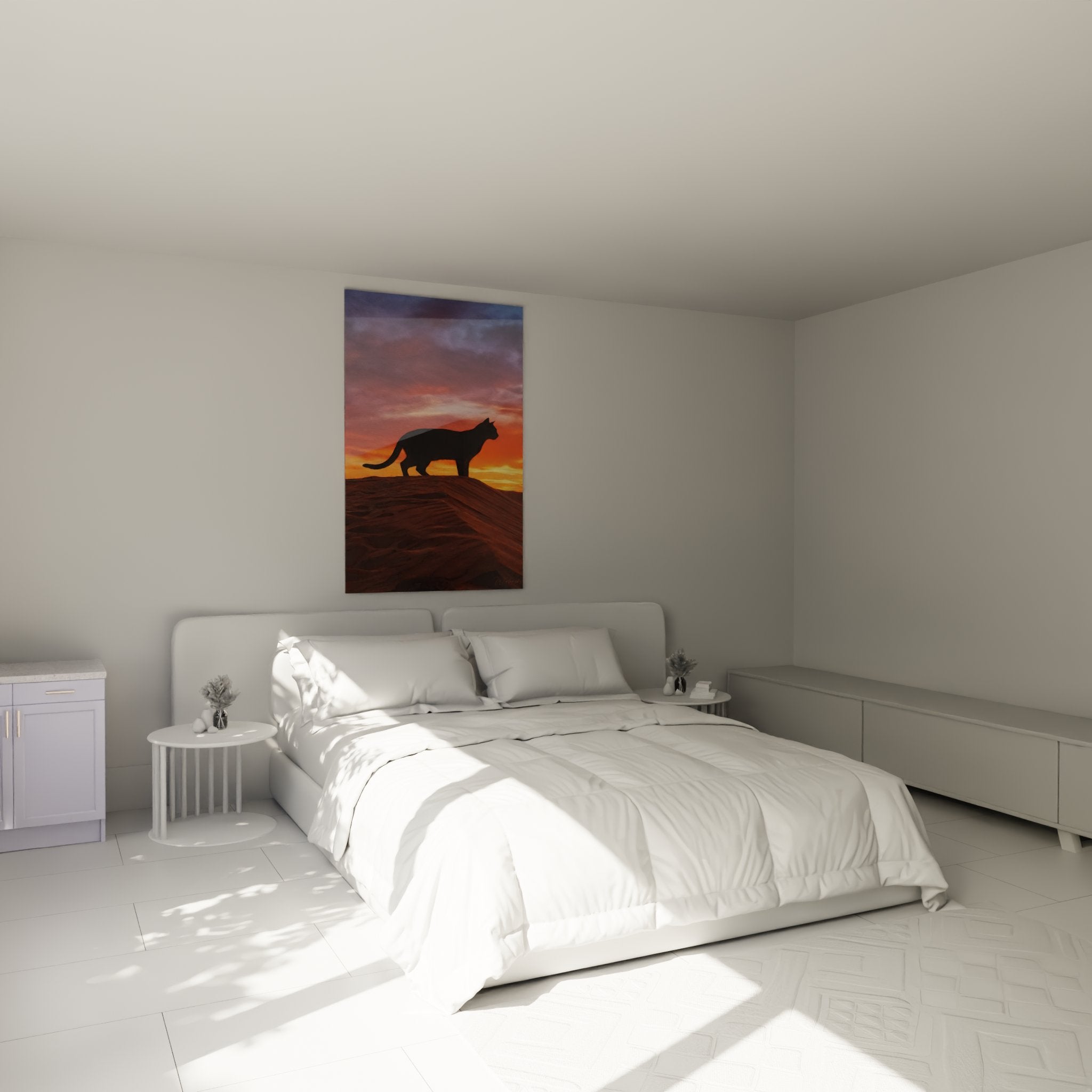 Decorazione camera da letto con quadro gatto Egyptian Mau tramonto, atmosfera calda e moderna