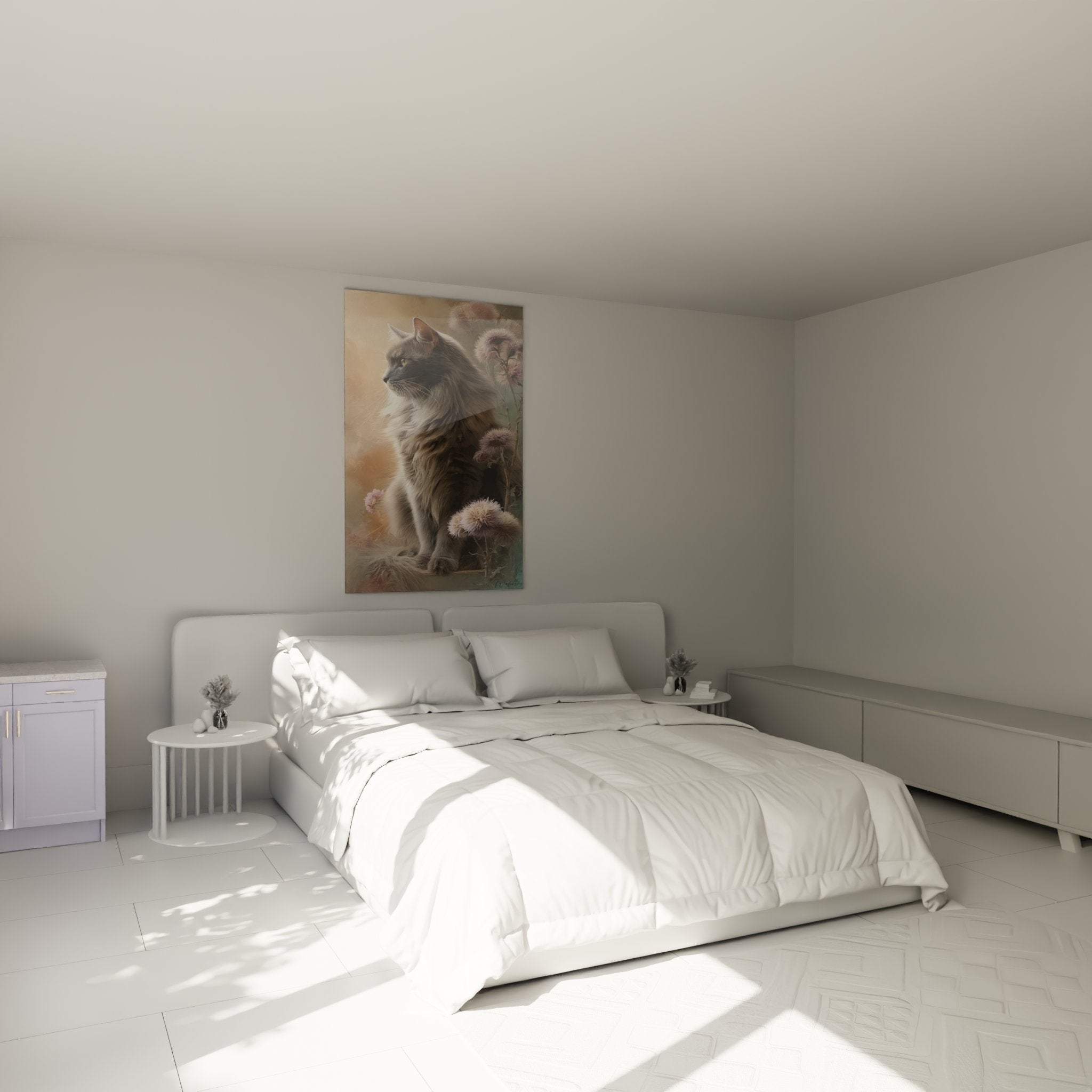 Turkish-Angora-Kunstdruck im modernen Schlafzimmer, Wanddekoration mit grauer Katze und Blüten, gemütliche Atmosphäre