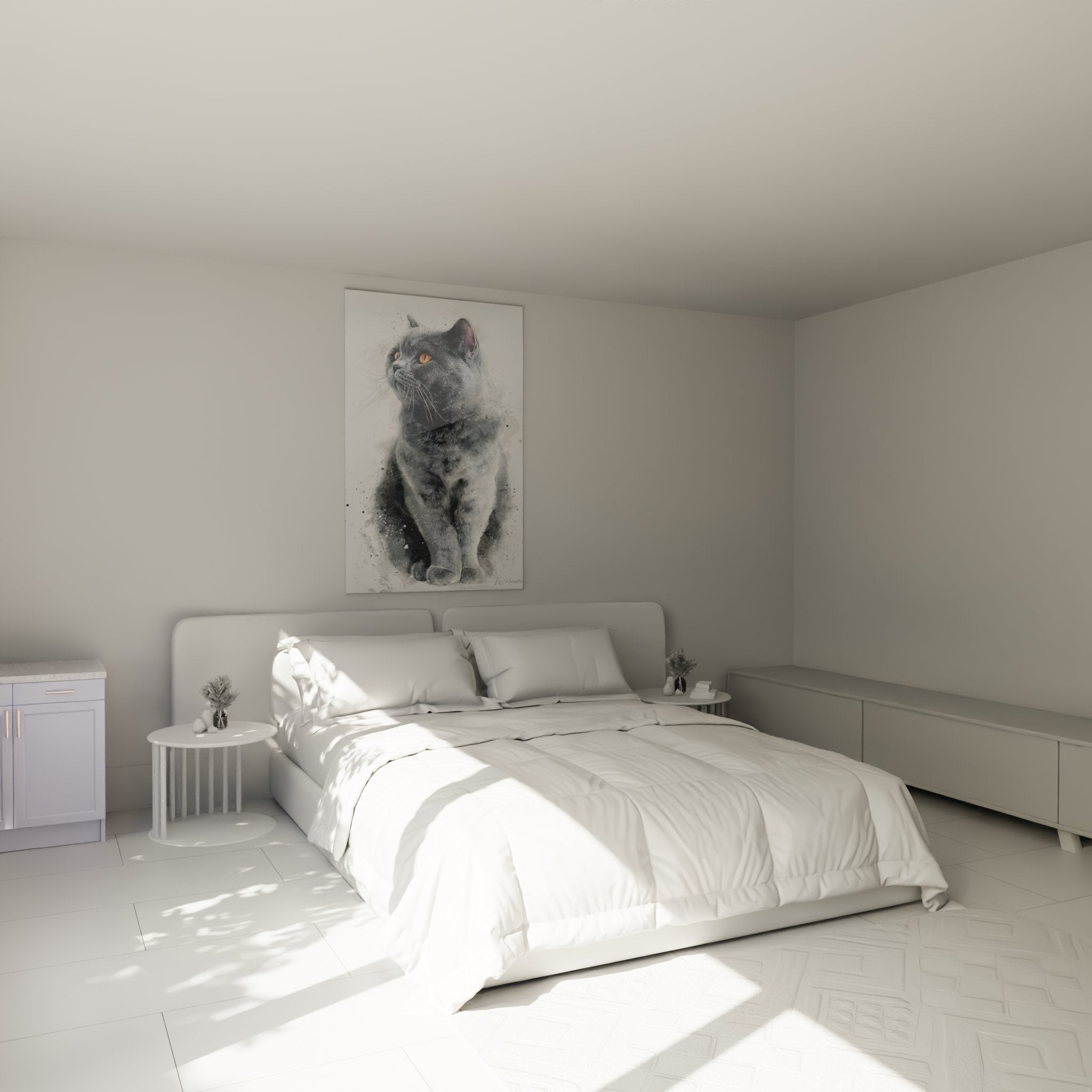 Quadro gatto British Shorthair grigio in camera moderna decorazione murale arte felina atmosfera accogliente