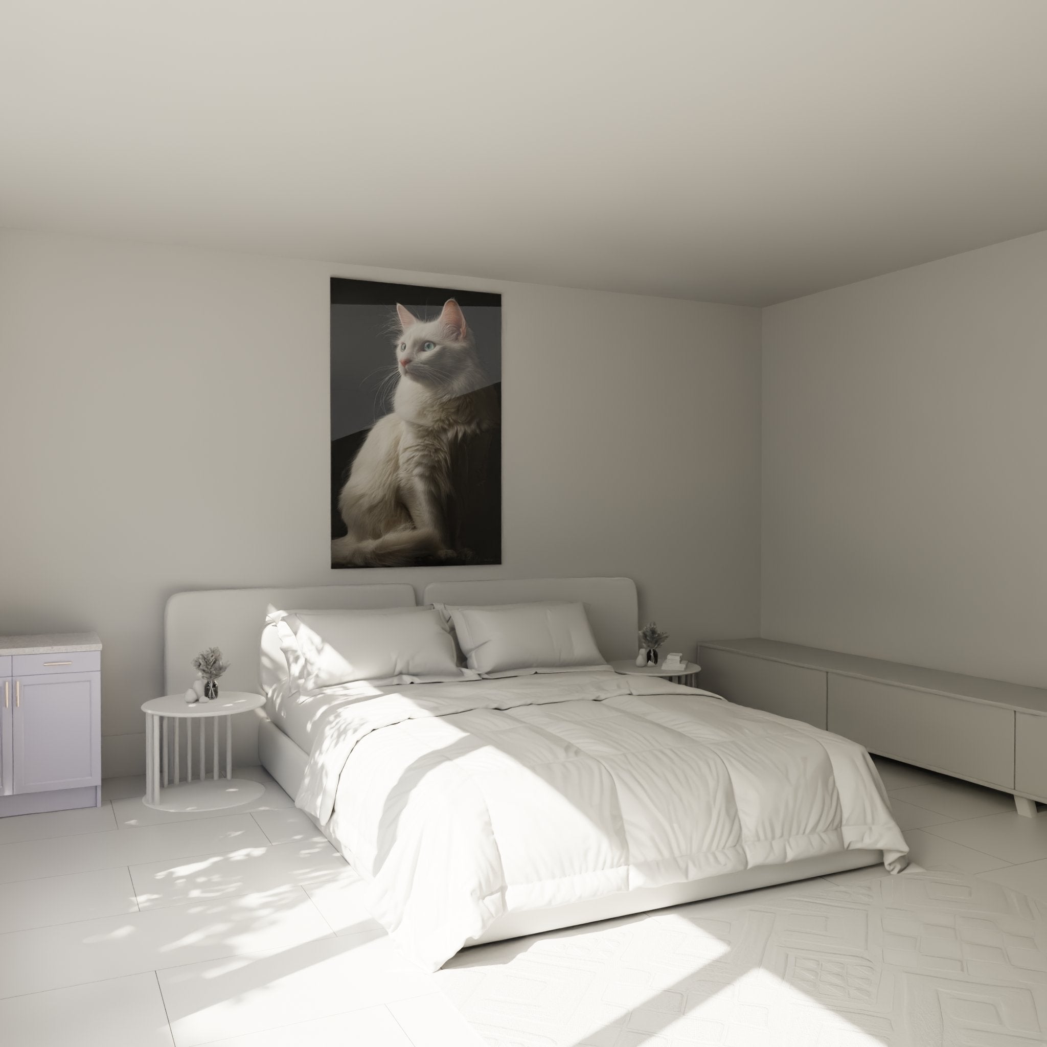 White Turkish Angora cat wall decoration in modern bedroom, premium canvas wall art