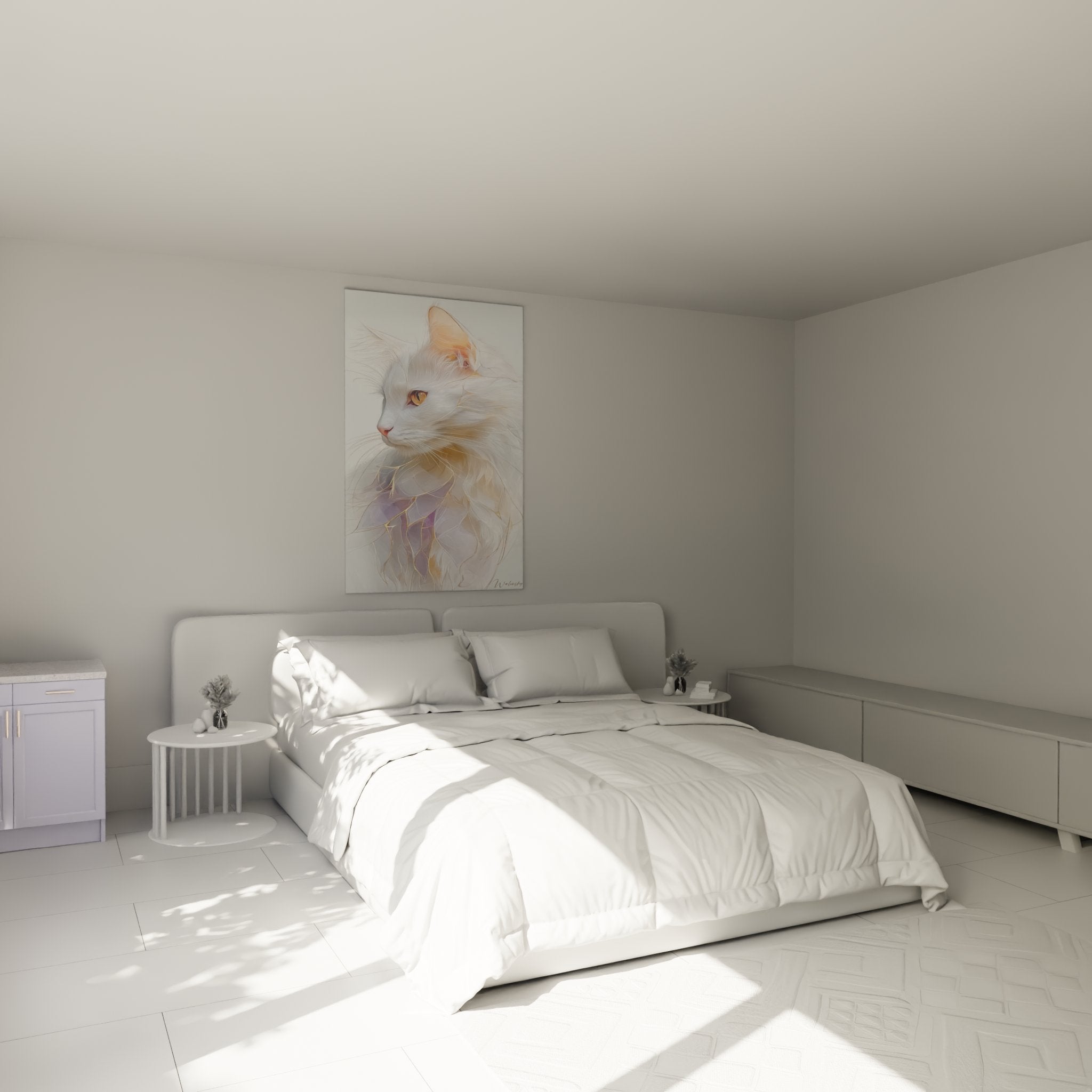 Wall decoration bedroom with Turkish Angora white cat painting elegant wall art