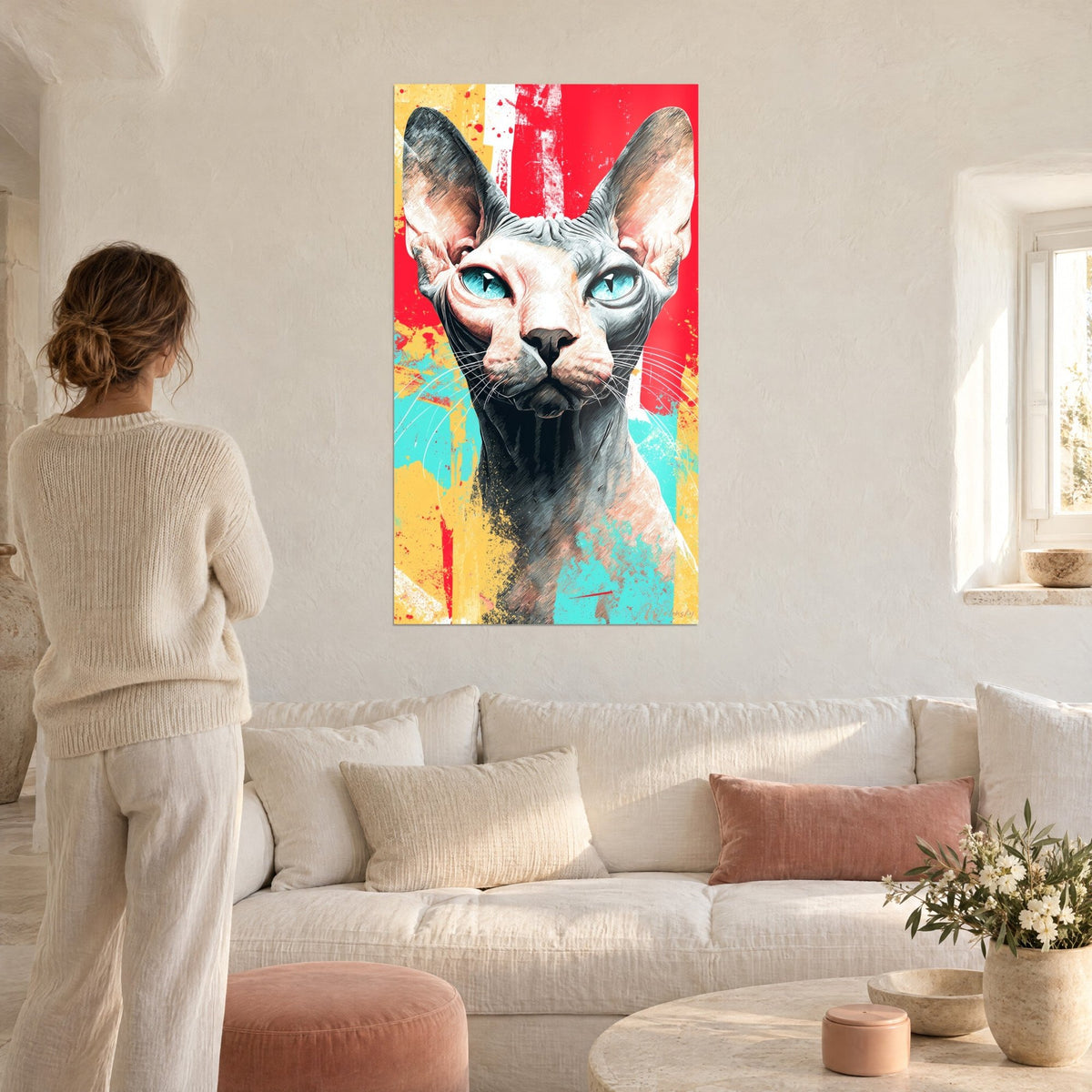 Schilderij Sphynx-kat in popart-stijl met turquoise ogen, felrode en gele achtergrond, vrouw van achteren, boven een bank in een lichte woonkamer