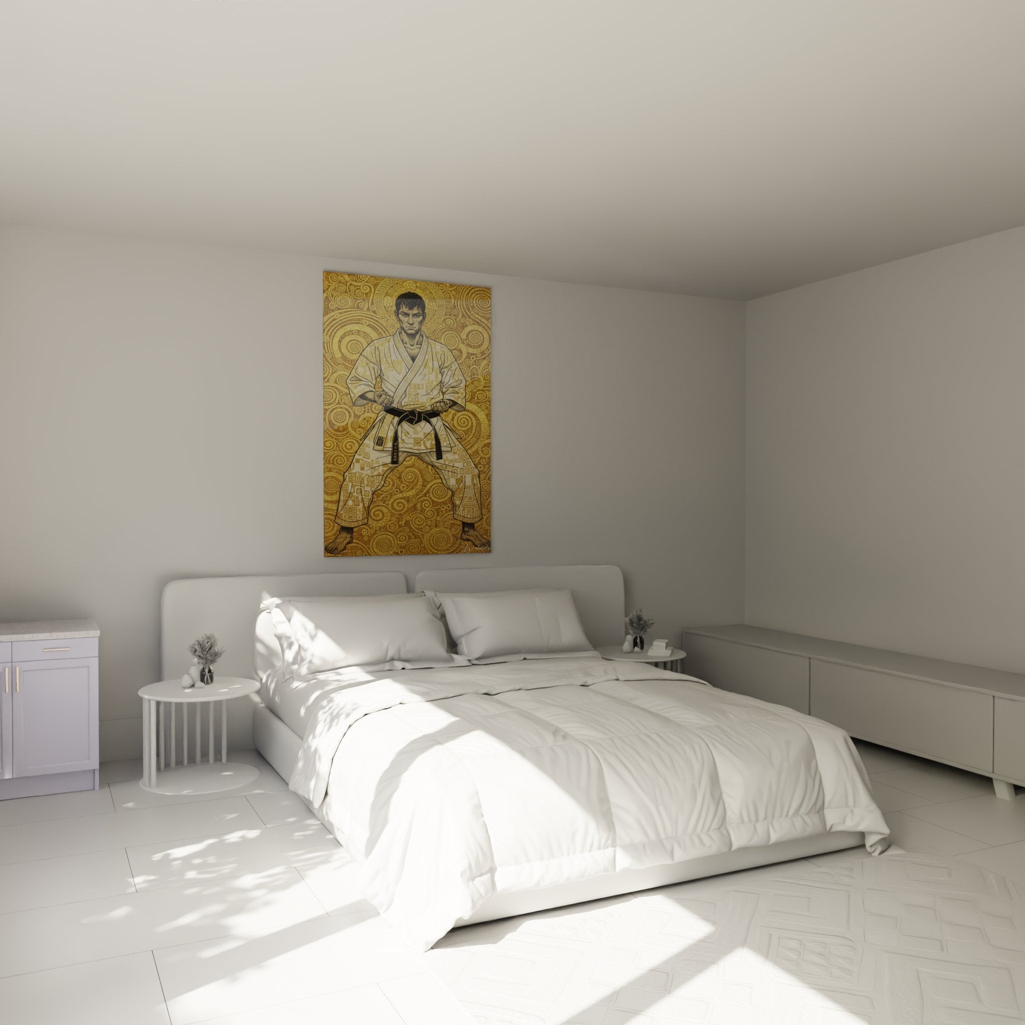 Décoration murale karaté dans chambre - karatéka en gi blanc sur fond doré avec motifs spiralés