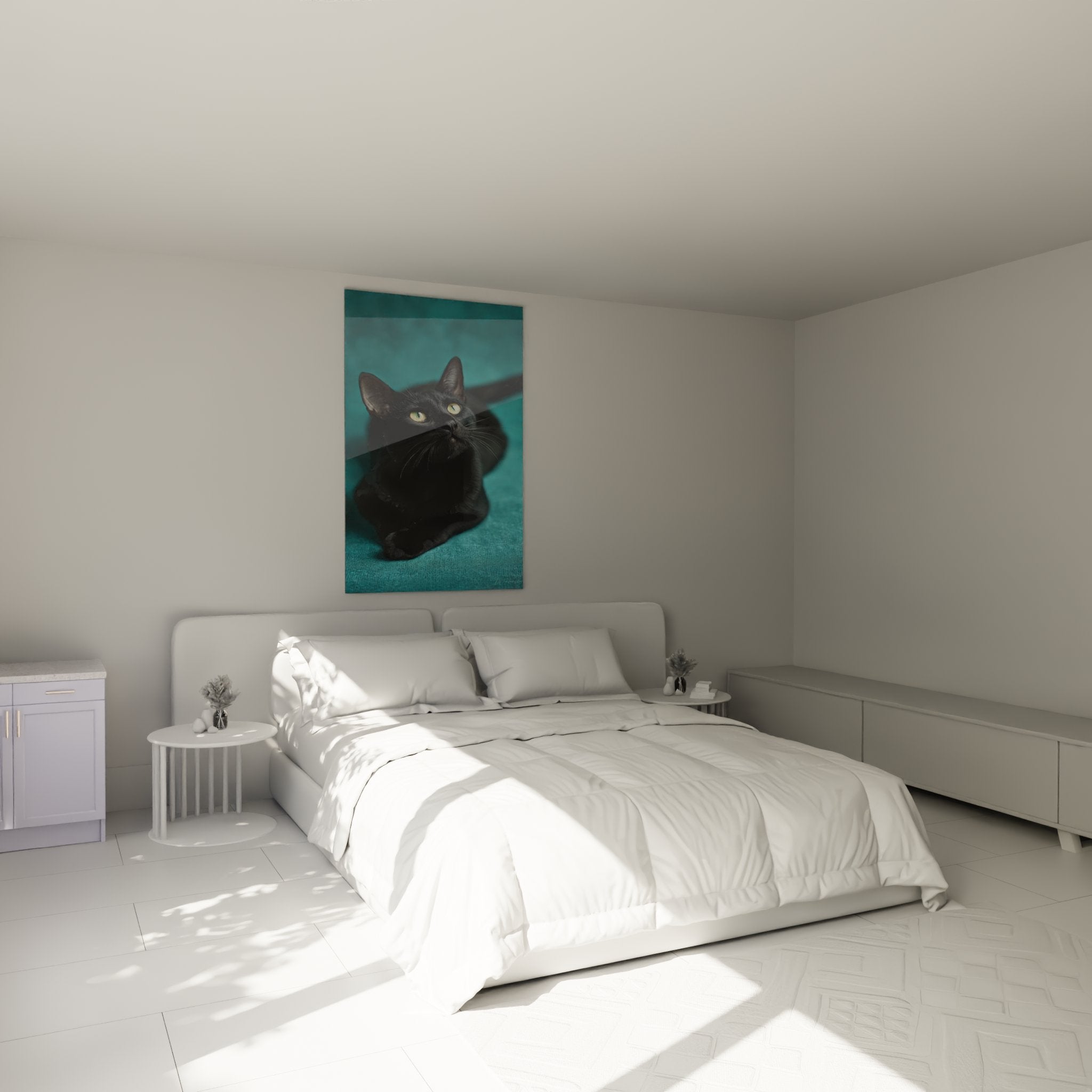 Tableau chat Bombay noir dans chambre moderne, décoration murale féline avec yeux dorés sur mur turquoise