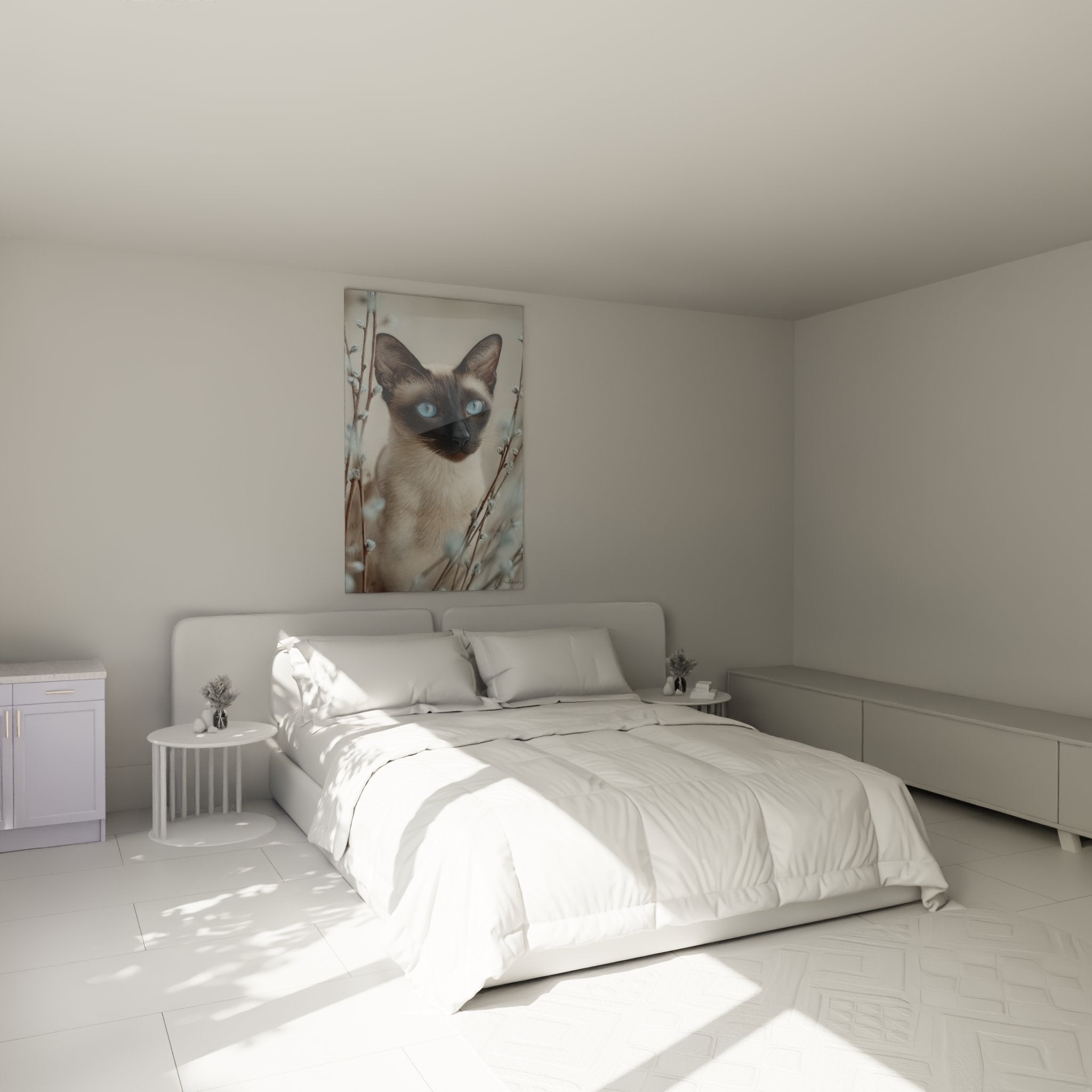 Balinese cat wall art for bedroom with elegant blue-eyed painting, soothing ambiance