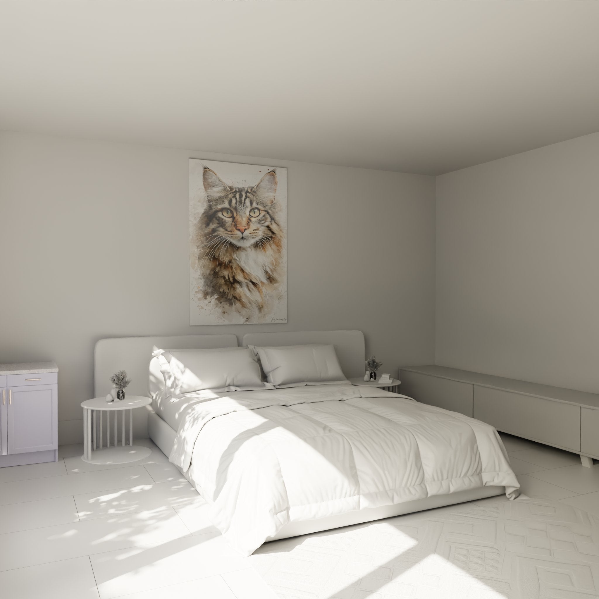 American Bobtail cat watercolor wall art elegantly decorating a modern bedroom with neutral tones