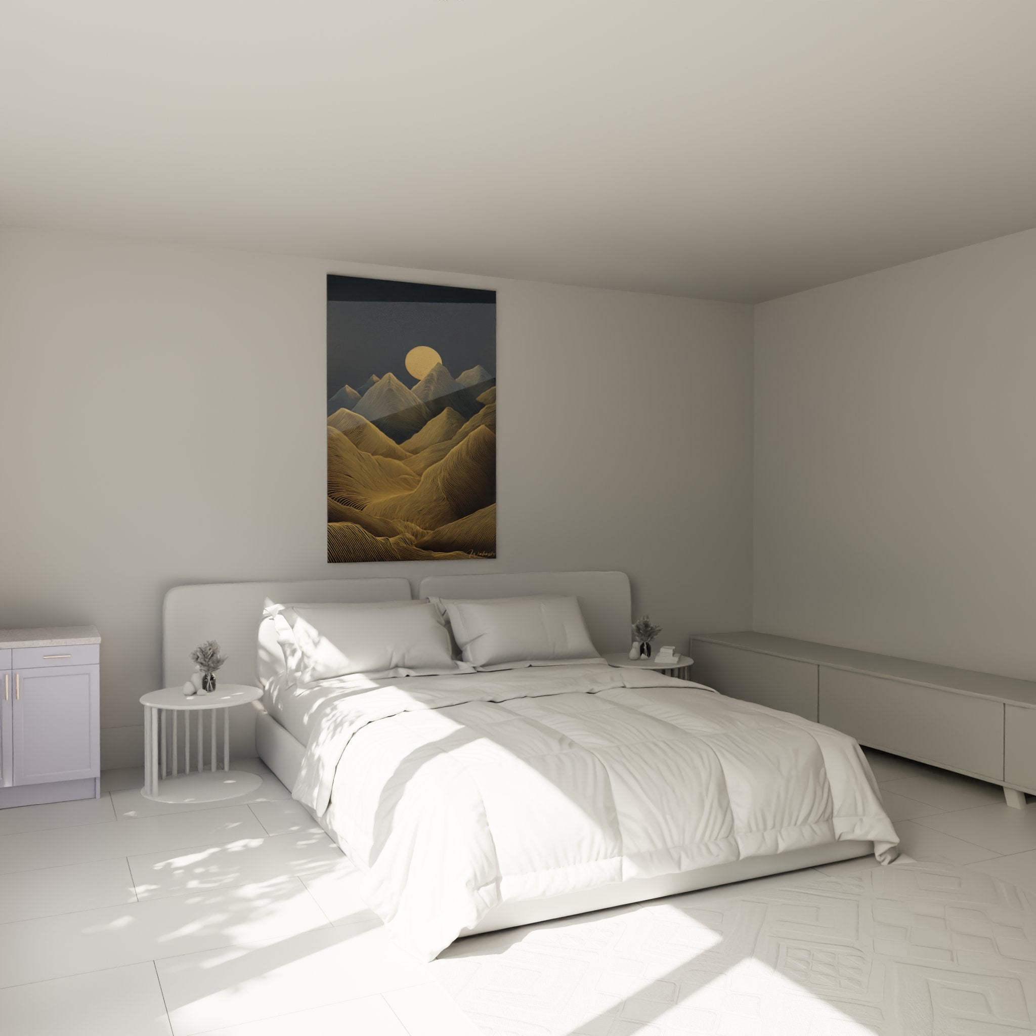 Mountain art deco painting in gold hanging in modern bedroom with contemporary decor