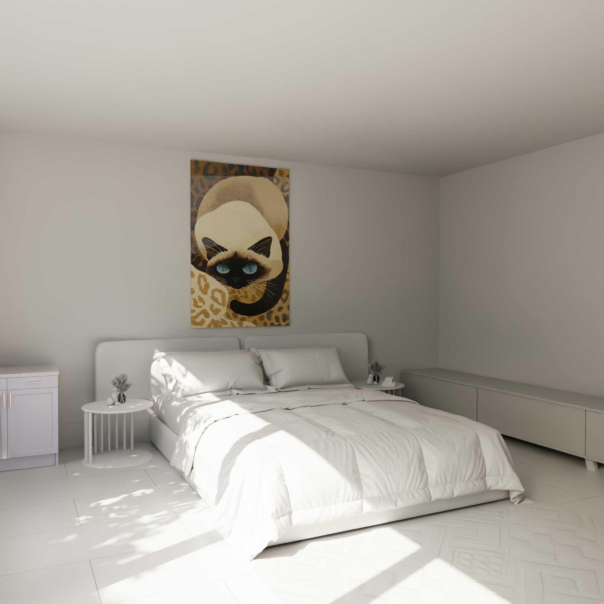 Decorazione murale camera da letto con quadro gatto siamese leopardo nei toni caldi