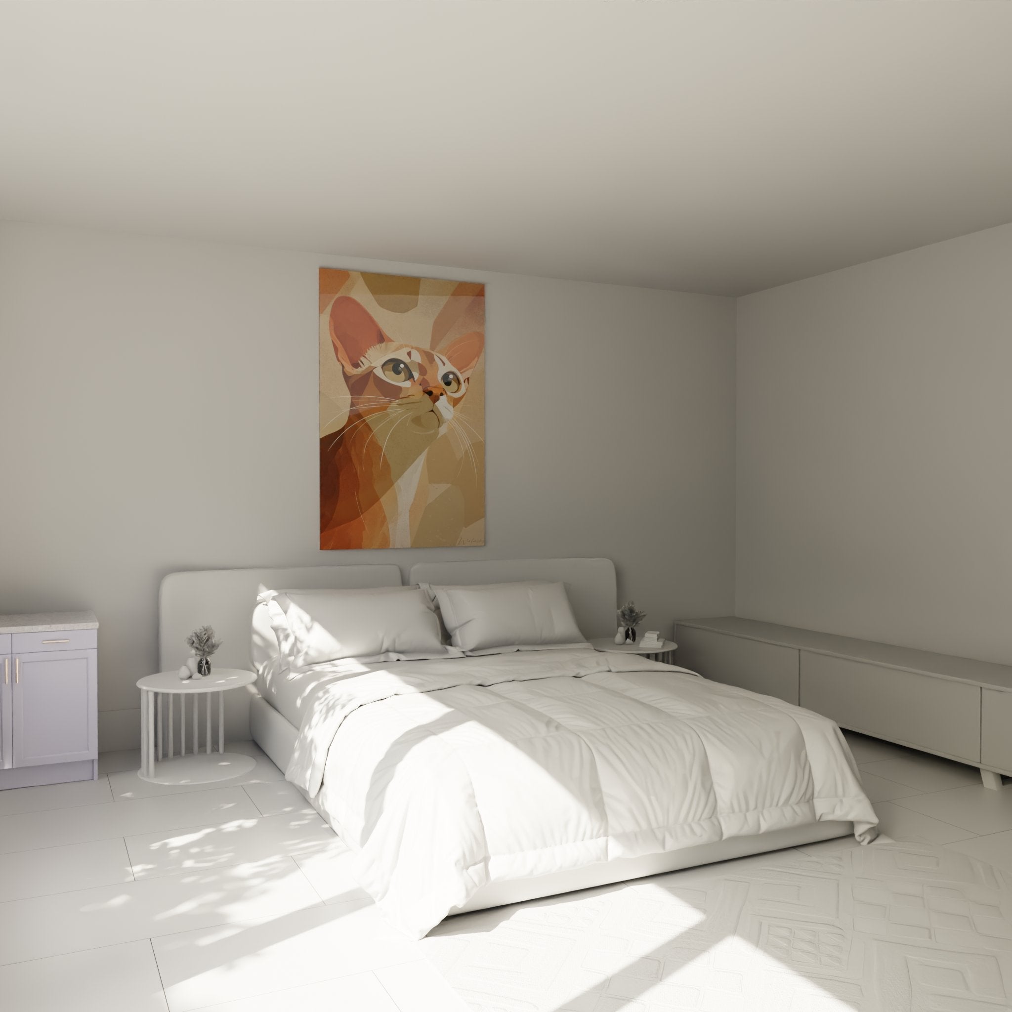 Decoration murale chat Singapura cubiste dans chambre moderne ambiance chaleureuse art animalier