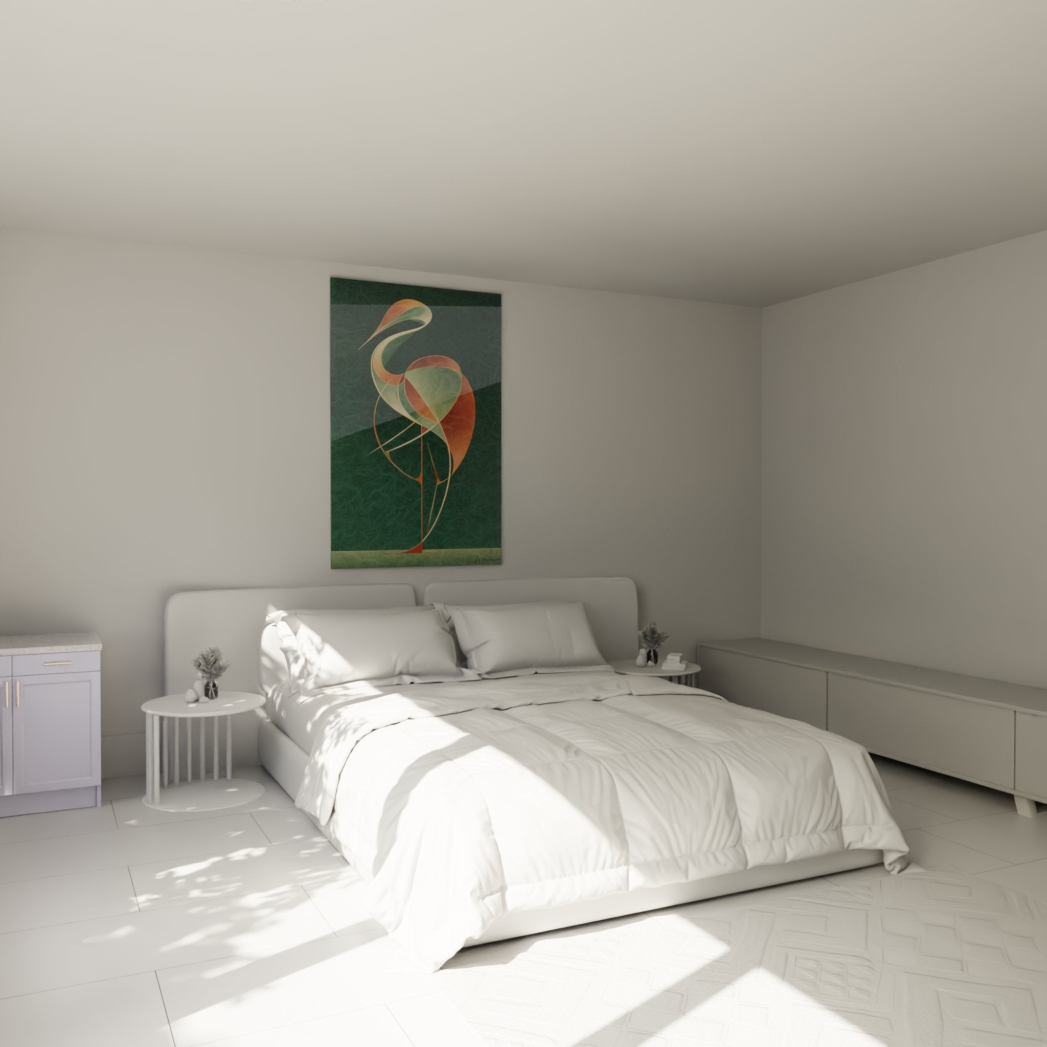 Decorazione camera da letto con quadro fenicottero rosa art deco atmosfera sofisticata toni rame