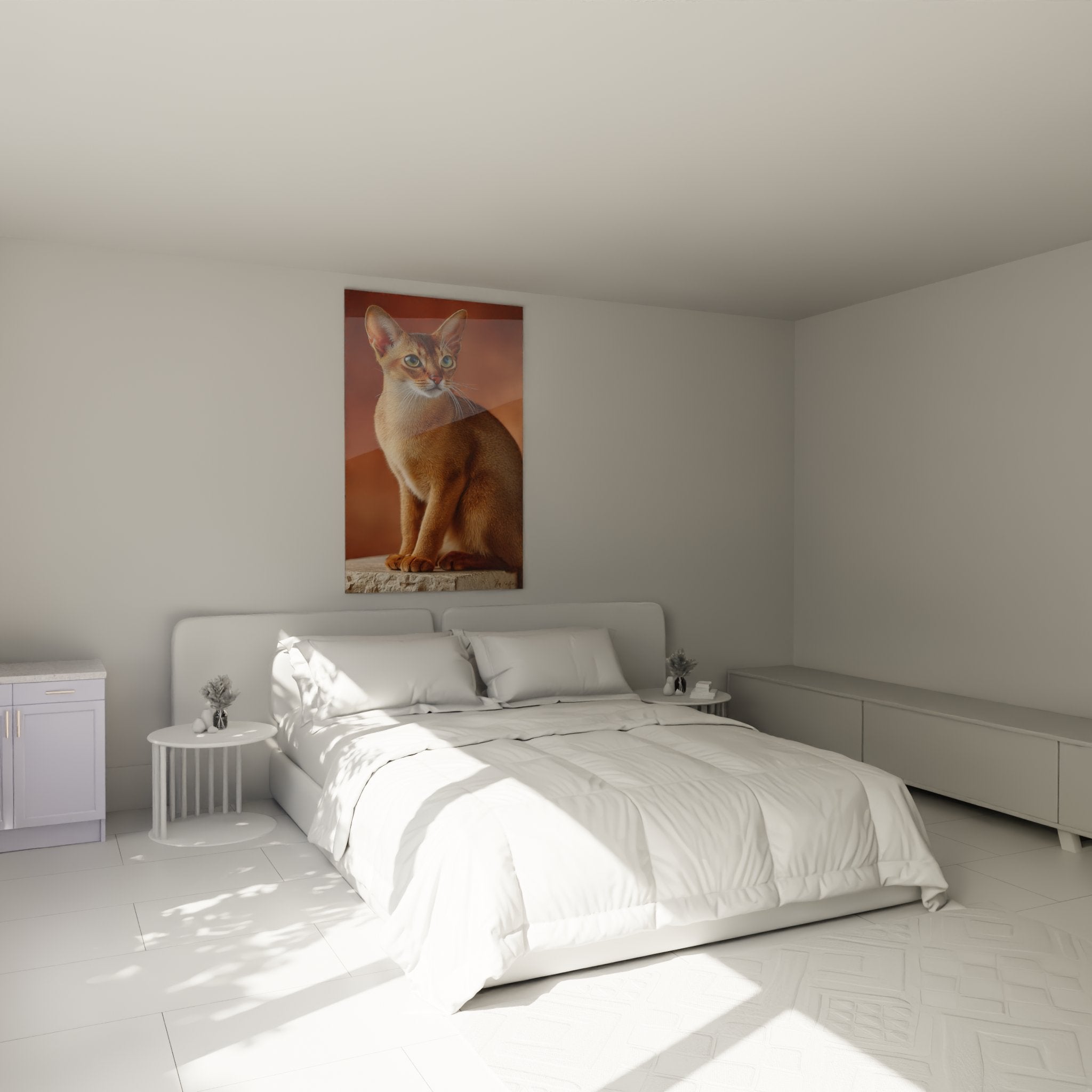Tableau chat Singapura elegant dans chambre moderne, artwork felin sur mur, ambiance chaleureuse cosy