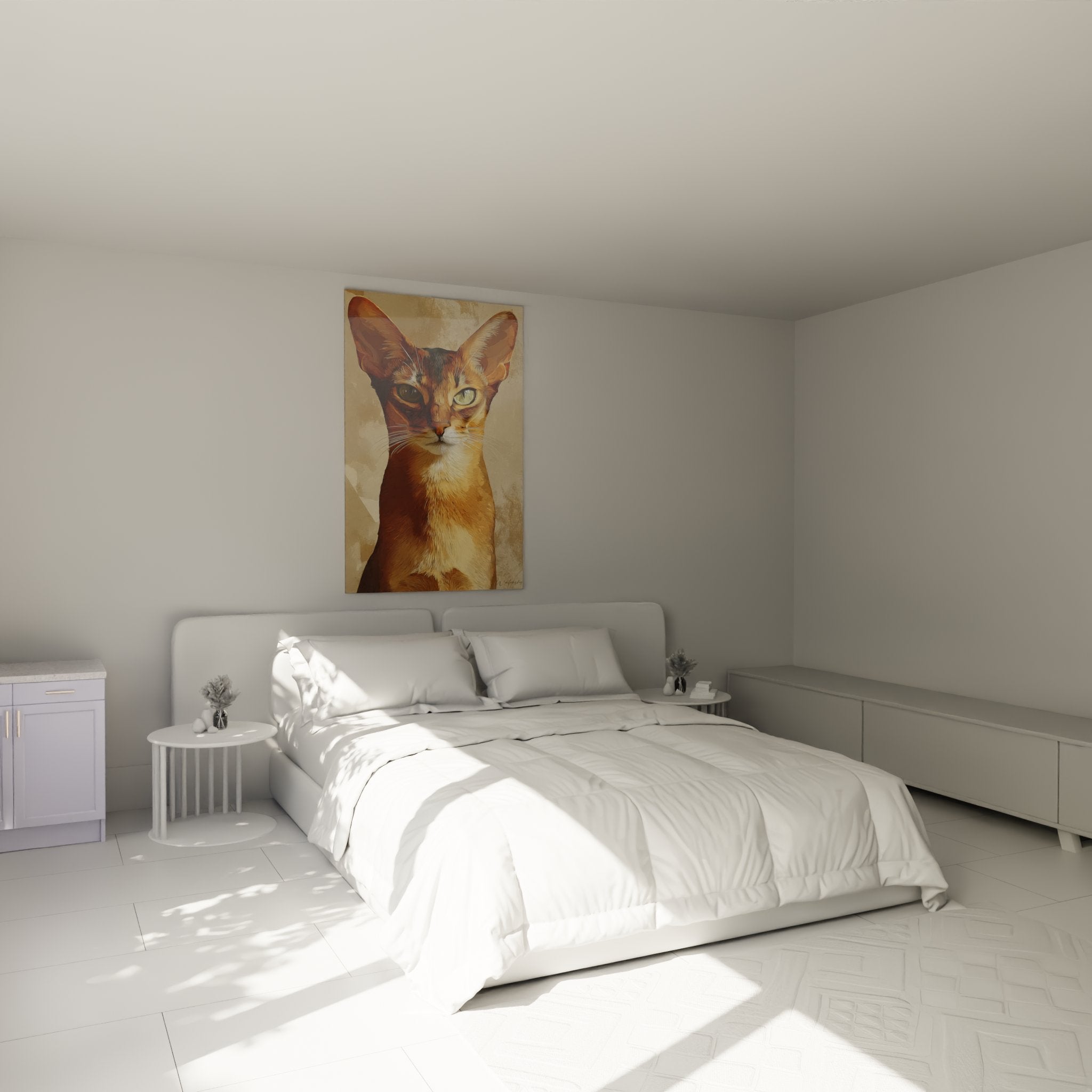 Decorazione camera da letto con quadro gatto Abissino artistico in tonalità dorate, atmosfera calda ed elegante