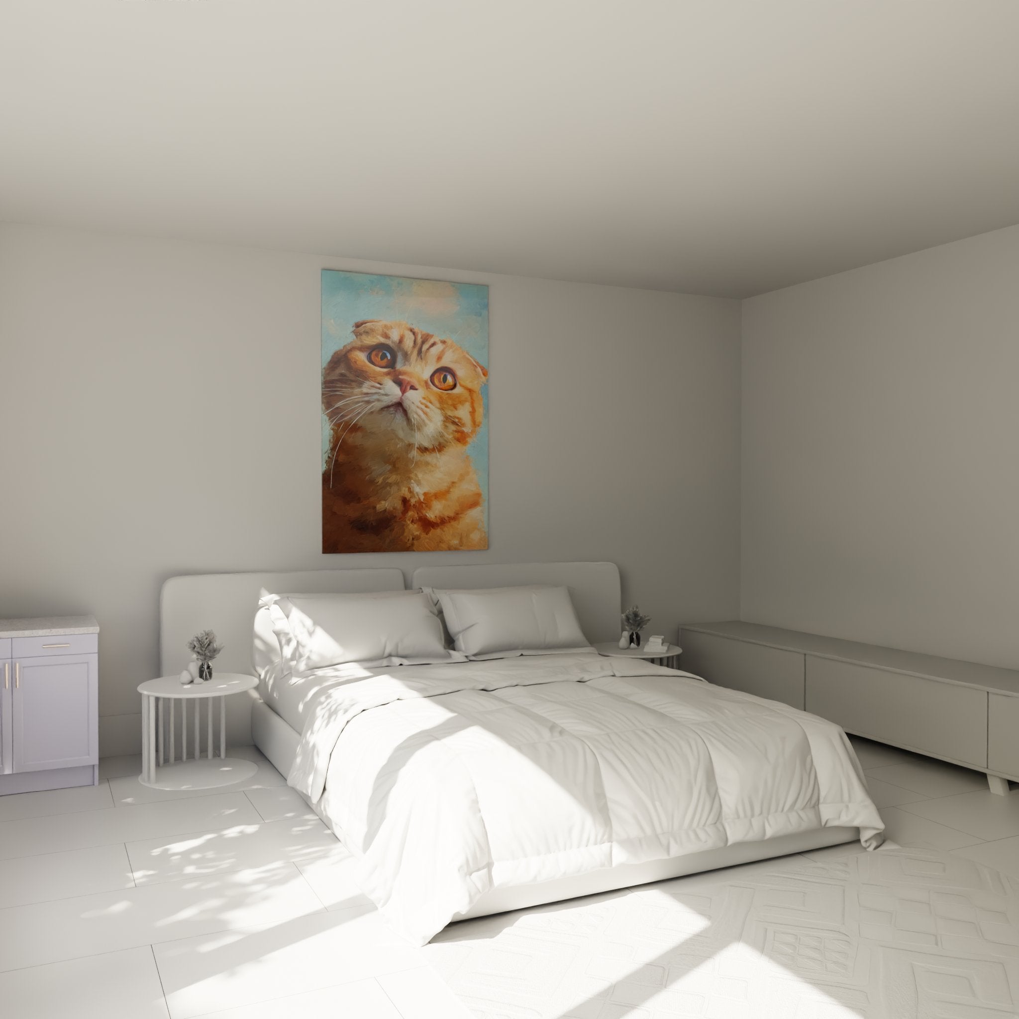 Scottish Fold cat artwork with amber eyes elegantly decorating a modern bedroom with neutral tones