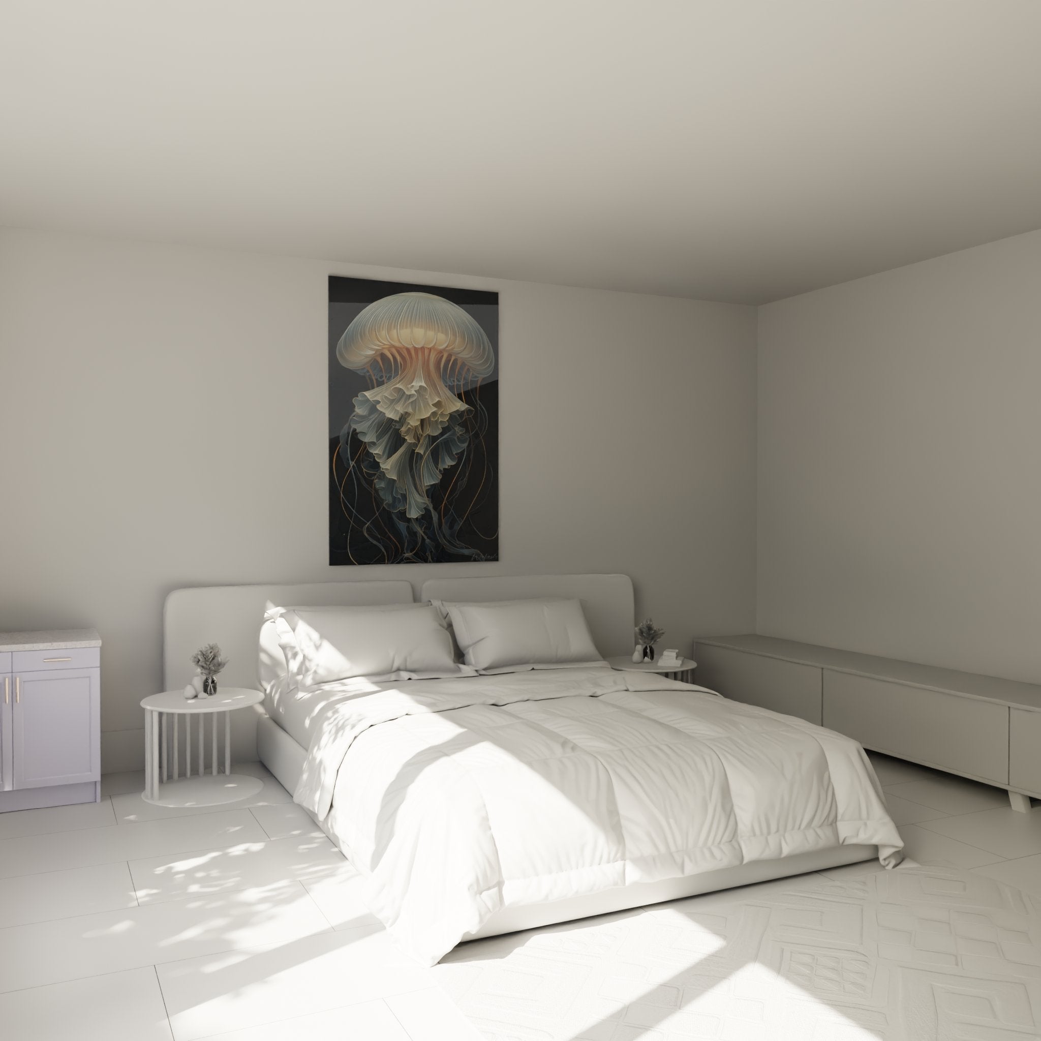 Translucent art deco jellyfish in modern bedroom, sophisticated and soothing marine wall decoration
