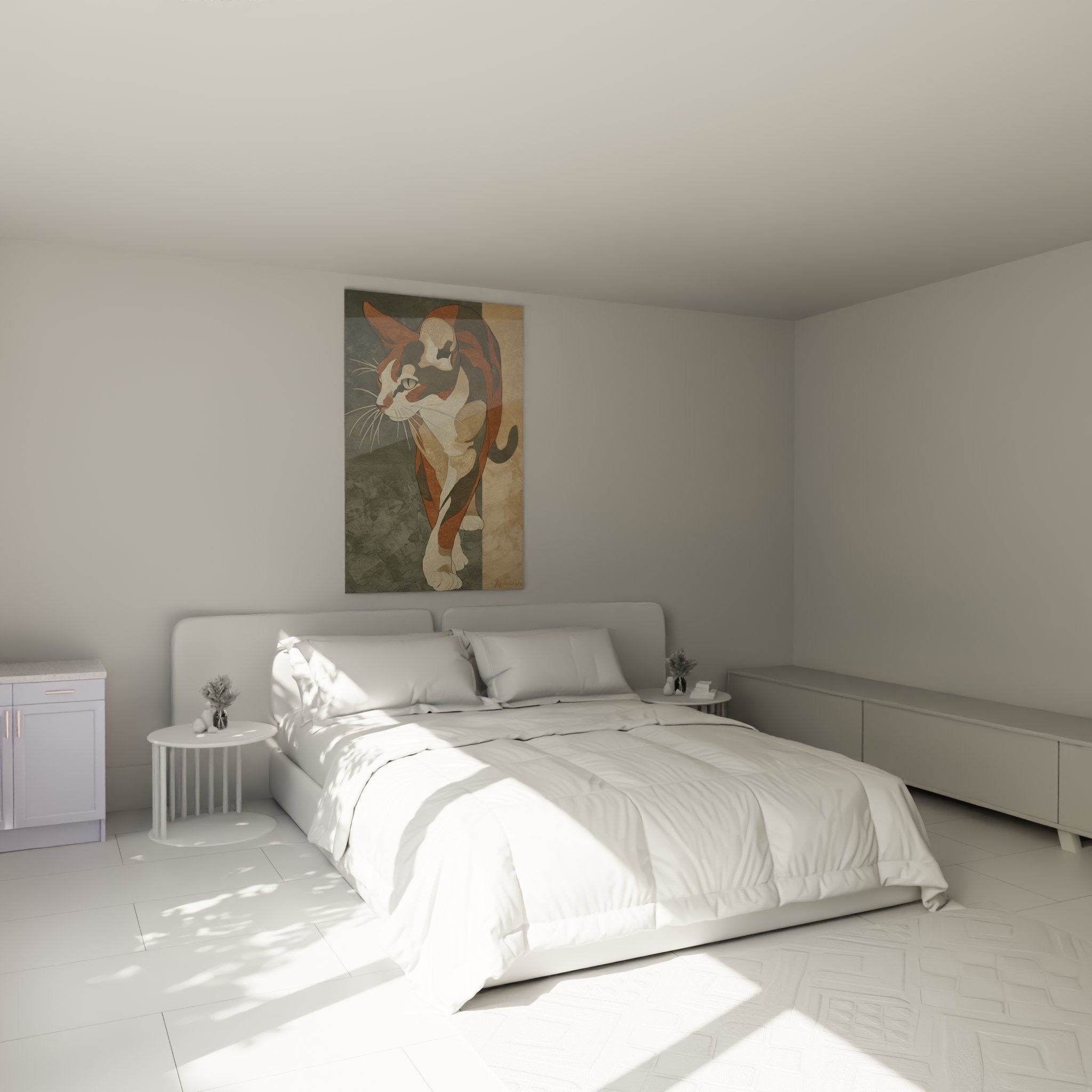 Quadro gatto Serengeti arte moderna appeso in una camera da letto, decorazione murale felina contemporanea
