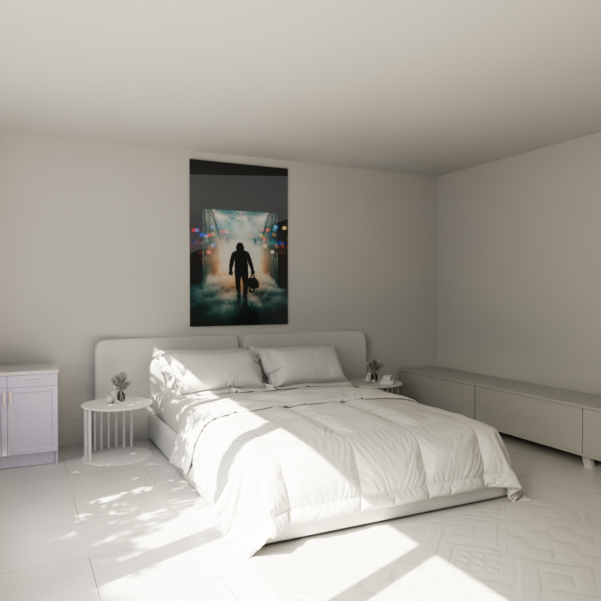 Decoration murale MMA dans chambre moderne avec tableau combattant tunnel illumine ambiance sport combat