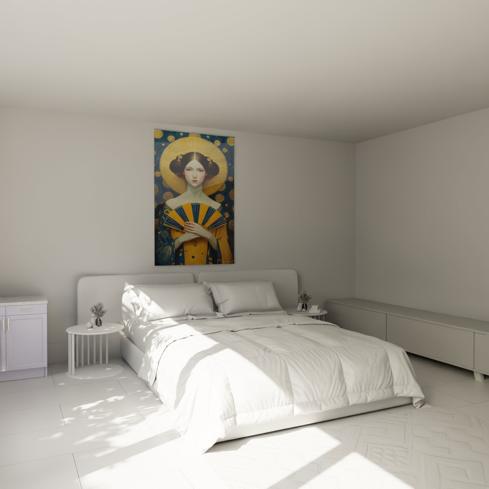 Bedroom decoration with Art Deco woman with fan artwork, elegant and refined ambiance