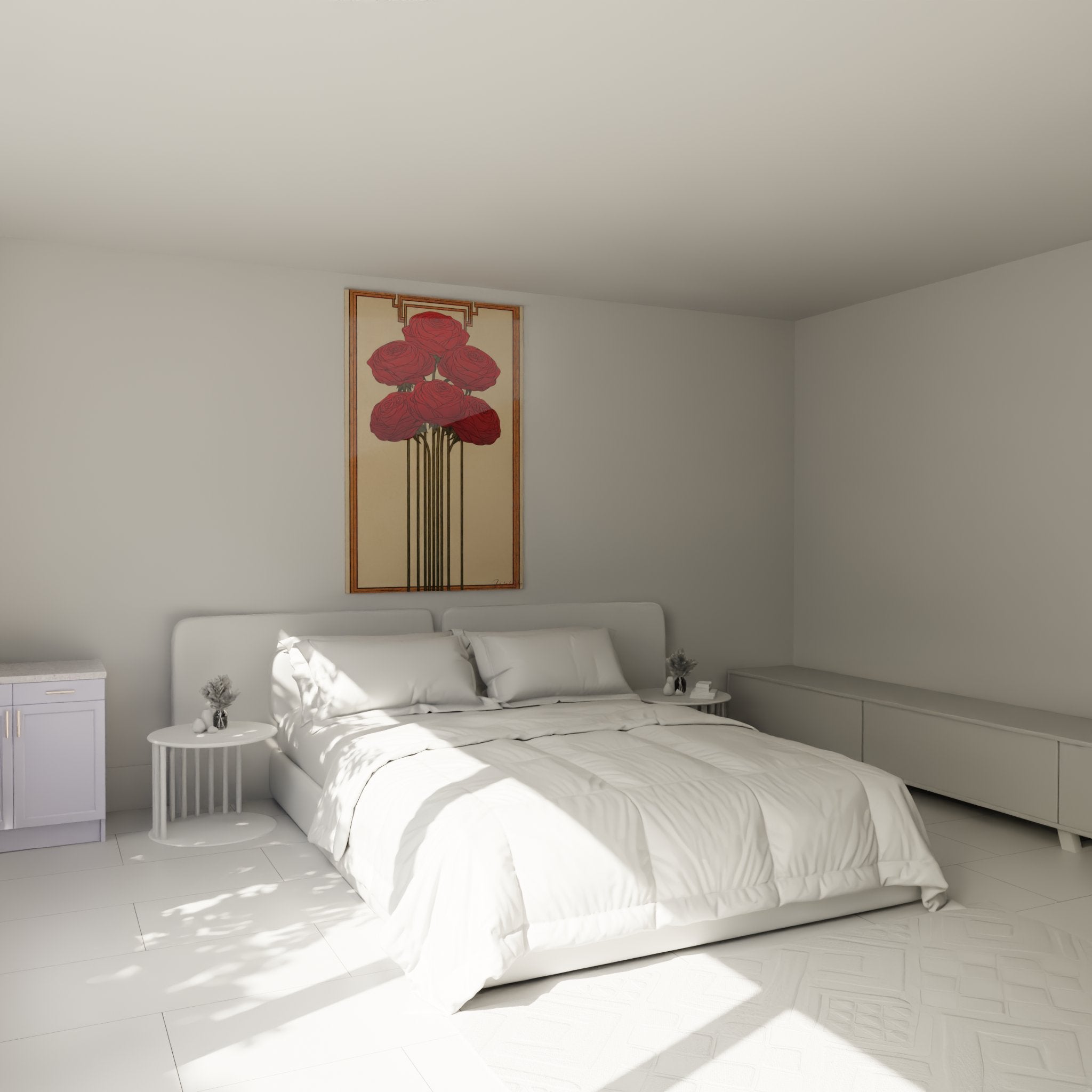 Decorazione murale rose rosse Art Deco in camera moderna con atmosfera elegante e raffinata