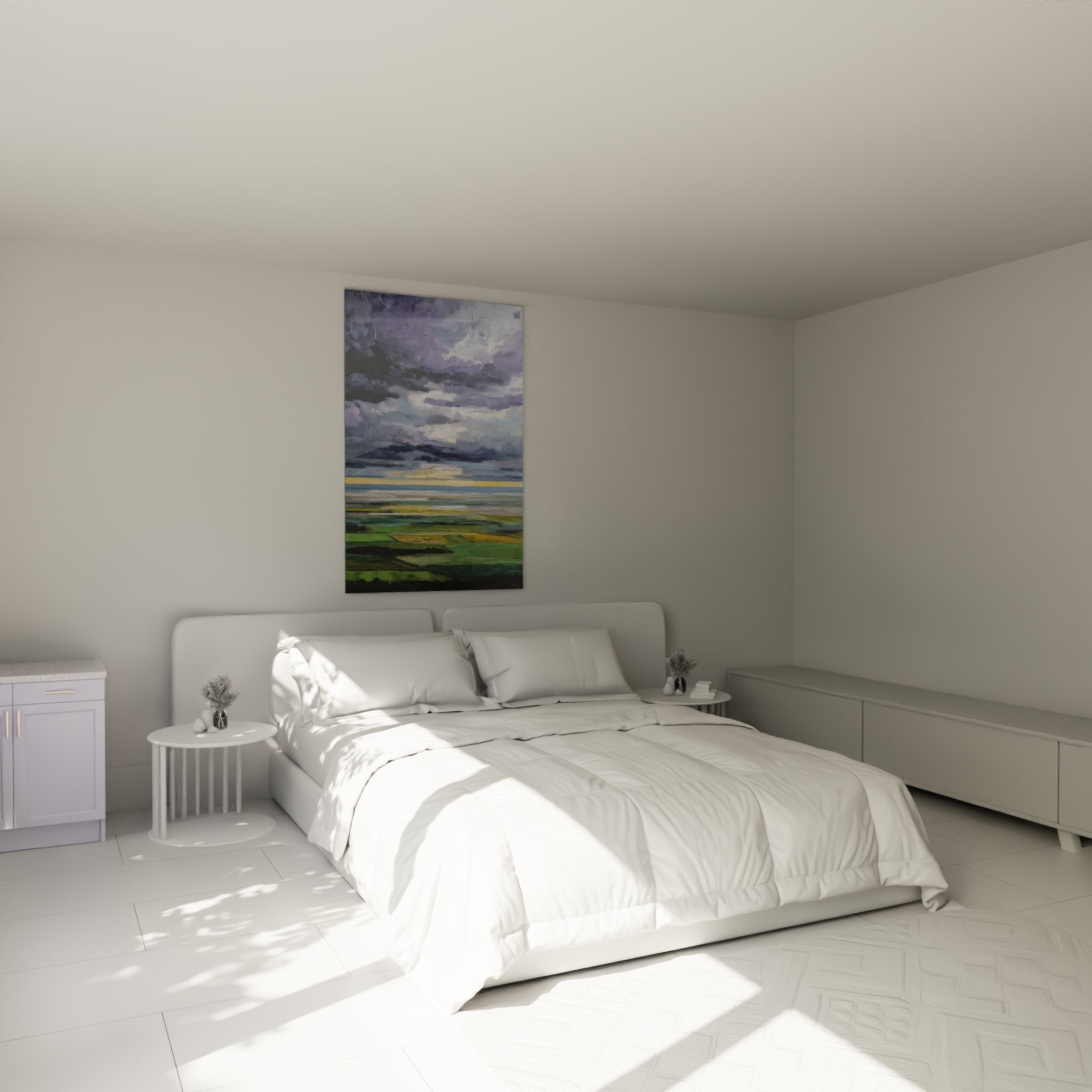 Decorazione camera da letto con quadro paesaggio normanno nei toni viola e verde, atmosfera autentica normandia