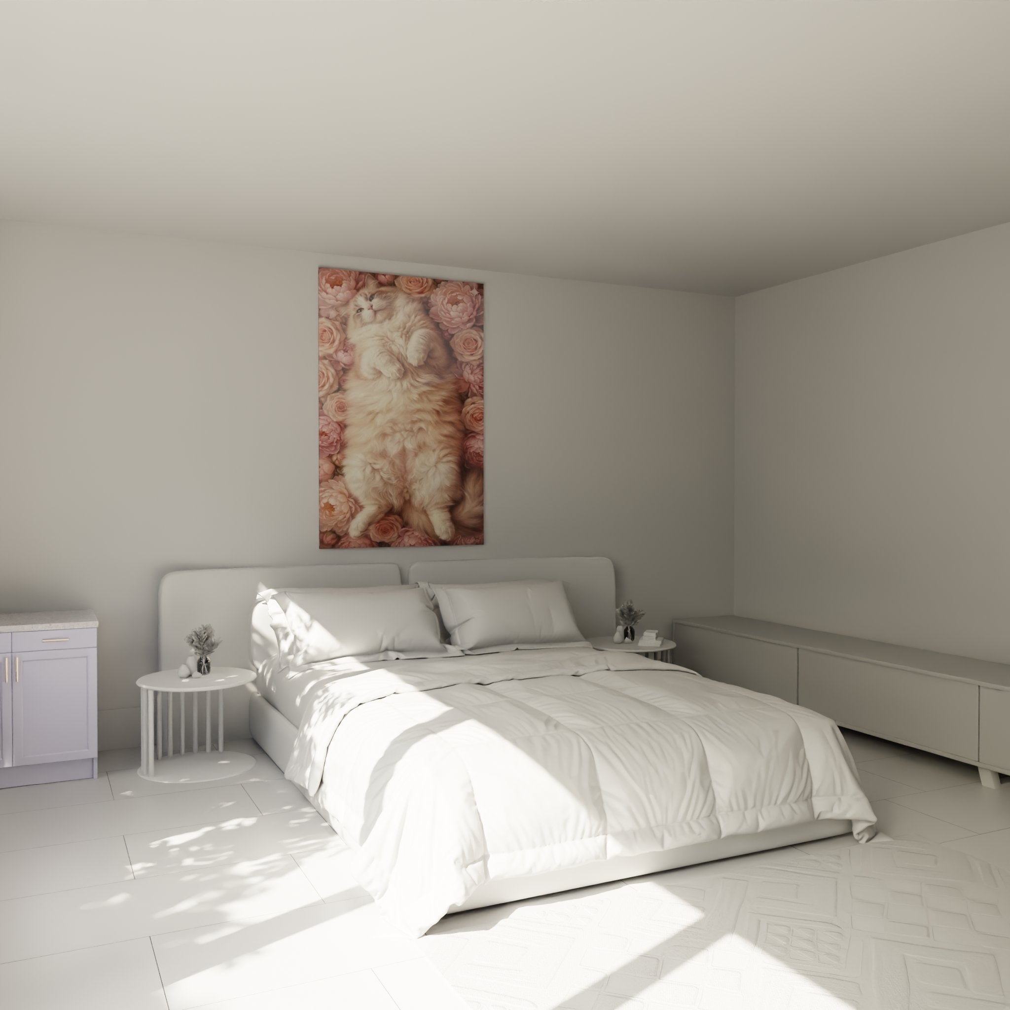 Quadro gatto Ragamuffin con peonie rosa in camera da letto, decorazione murale felina dolce e romantica