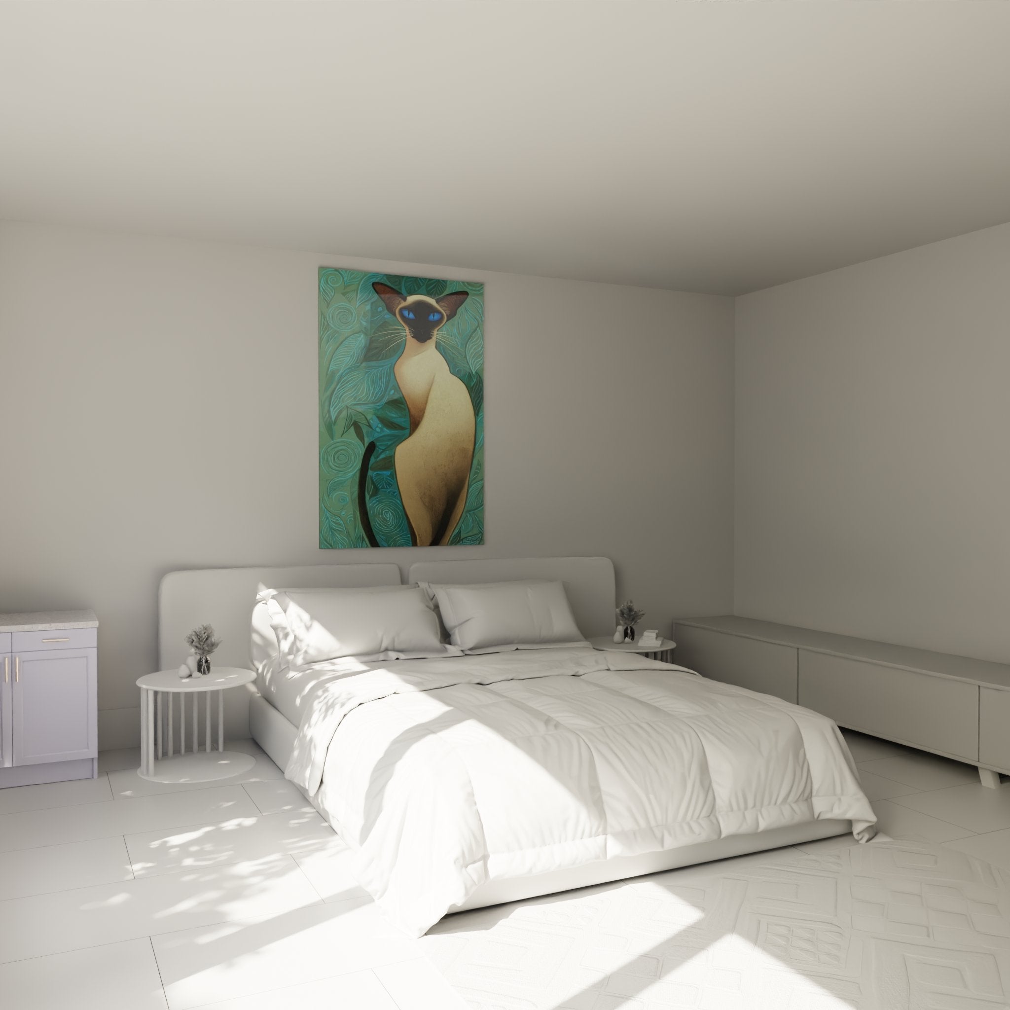 Decorazione camera da letto con quadro gatto siamese tropicale che crea un'atmosfera zen ed esotica