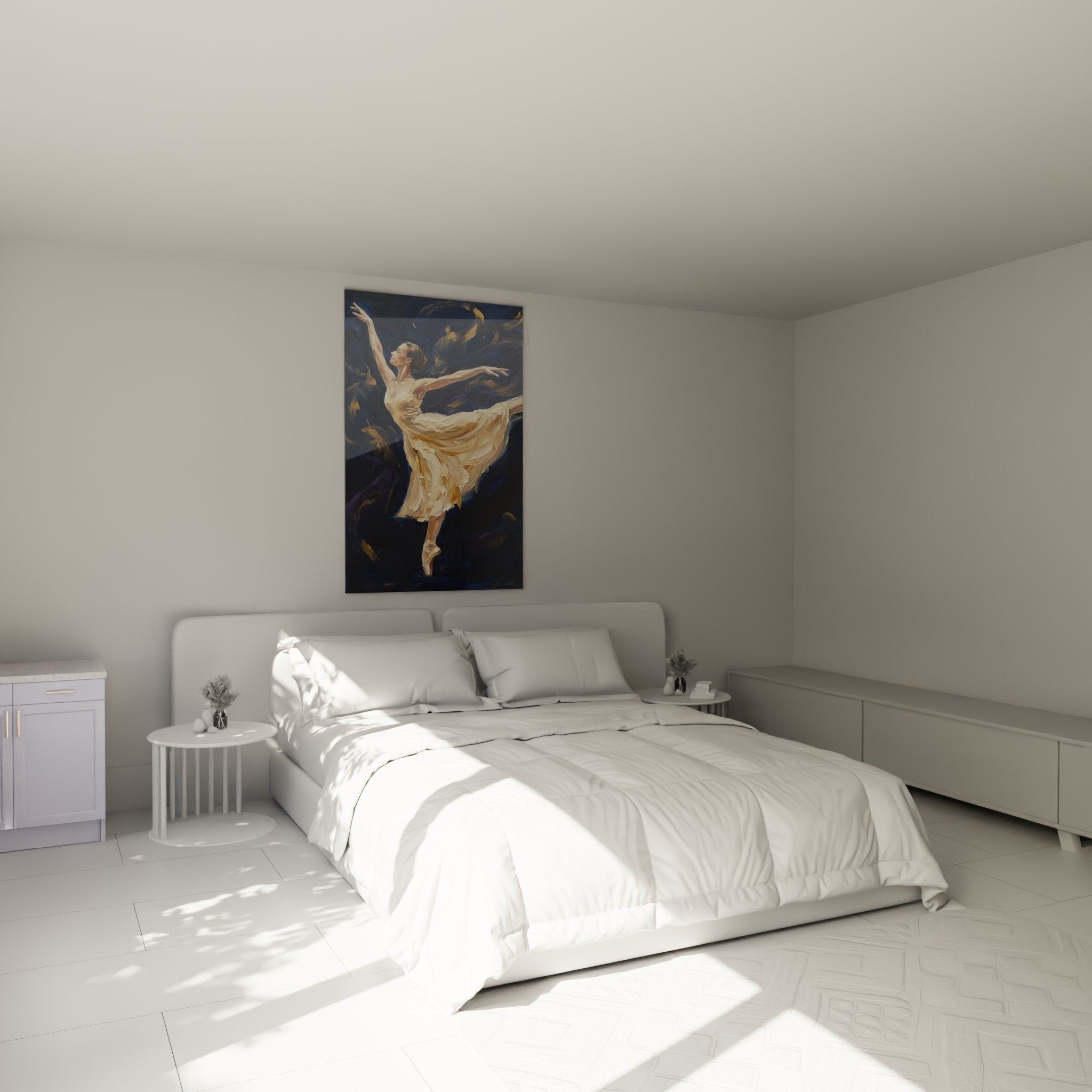 Decorazione camera da letto con quadro ballerina danza classica appeso alla parete, atmosfera elegante e artistica