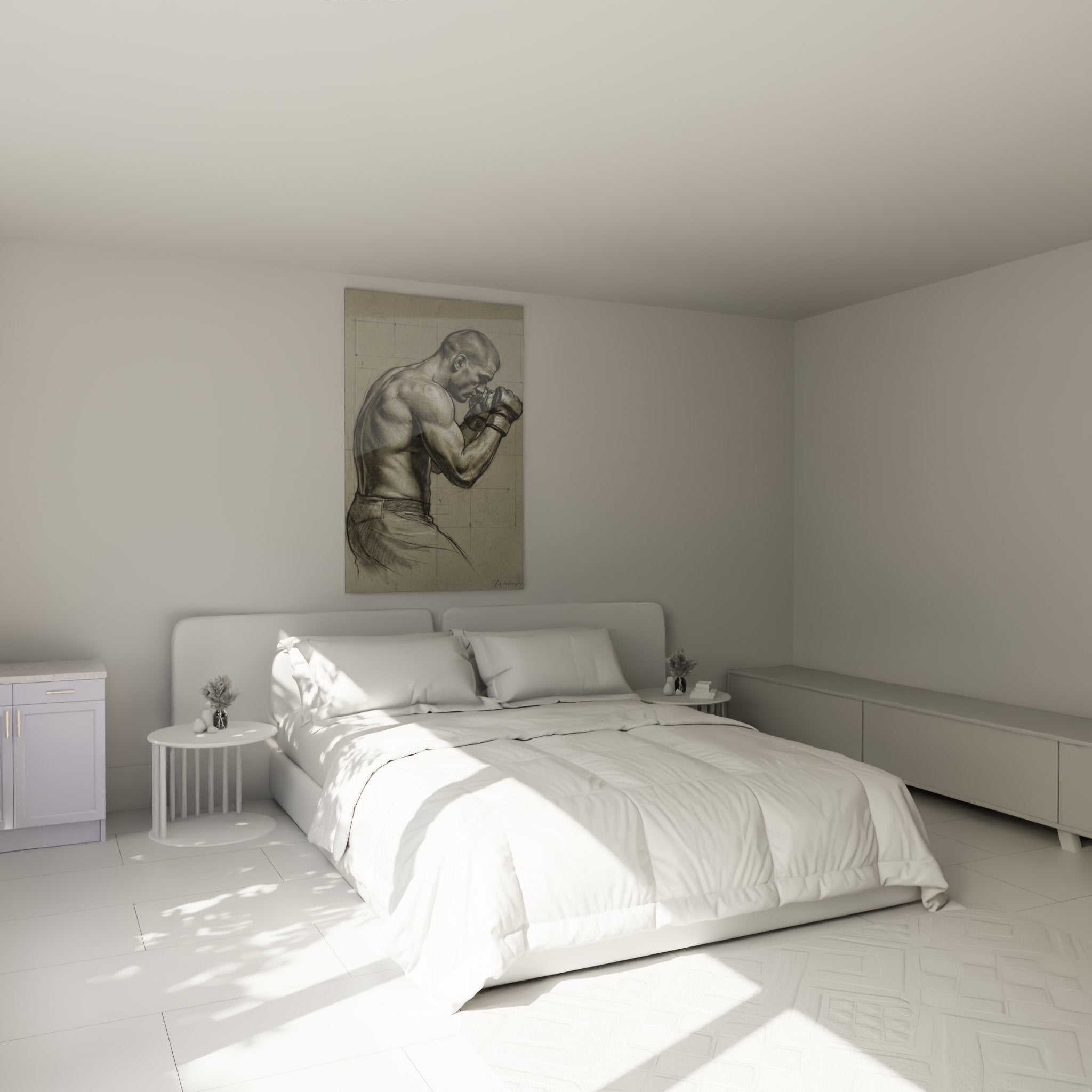 Tableau boxeur MMA accroché dans une chambre moderne, art martial décoratif mural design contemporain