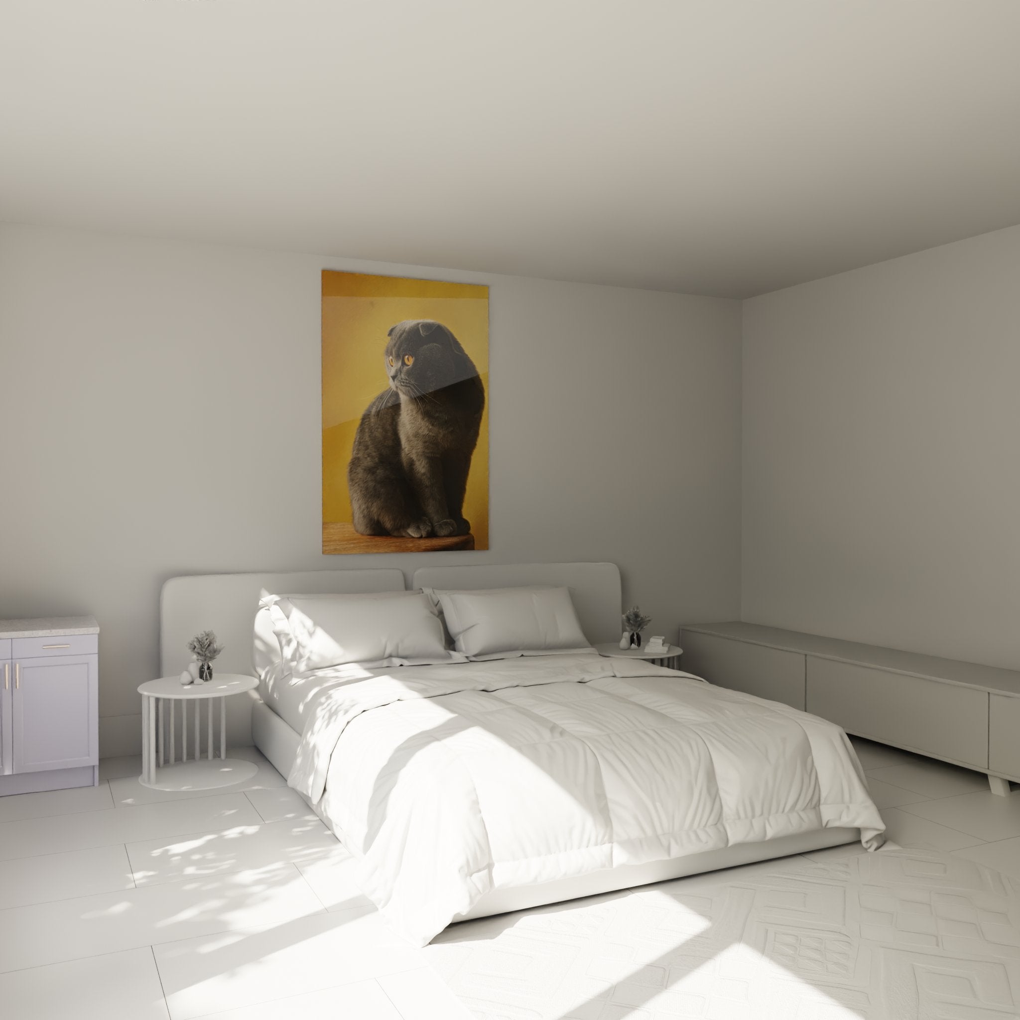 Gray Scottish Fold cat wall art decorating a modern bedroom, feline mural with warm ambiance