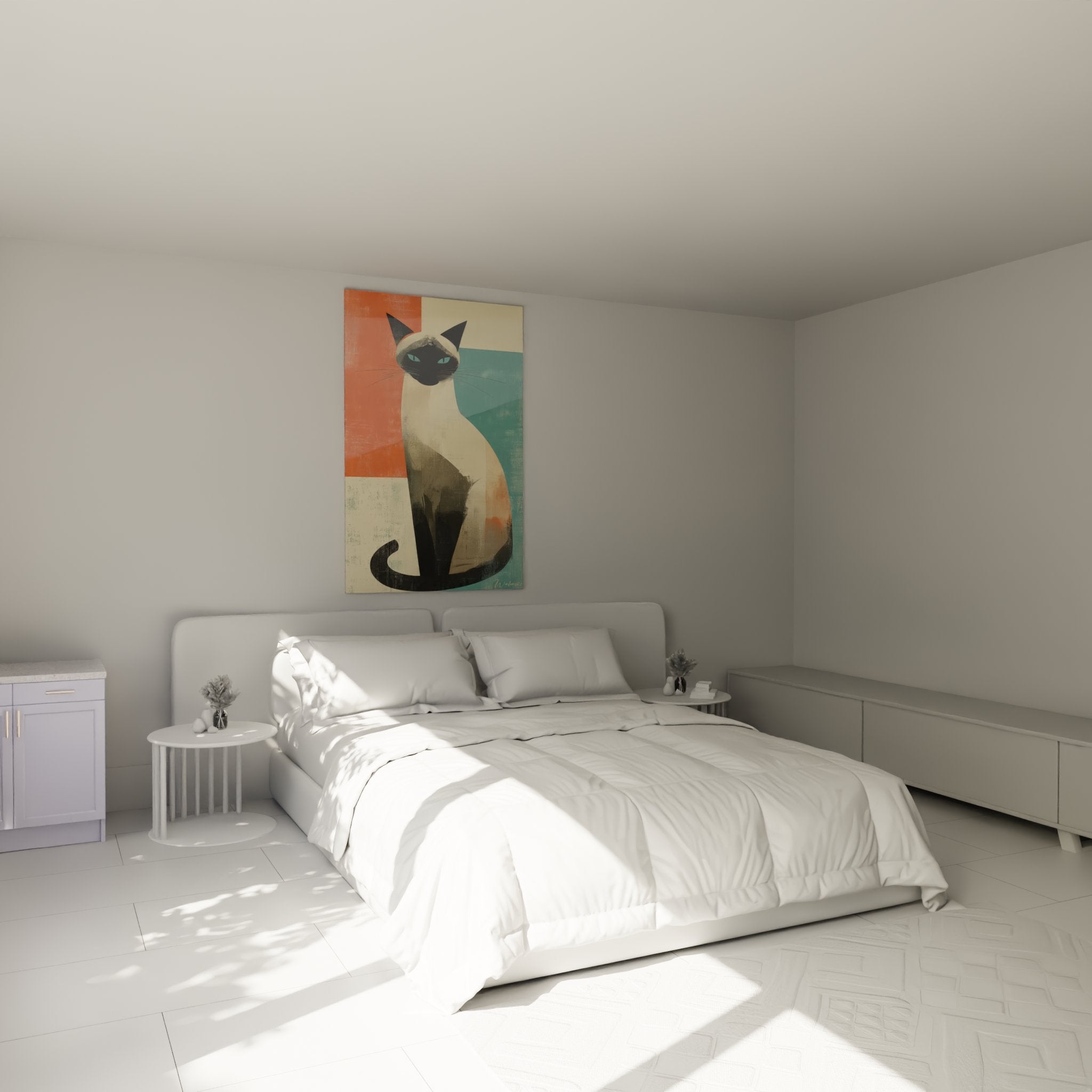 Siamese cat geometric wall art in modern bedroom contemporary interior design warm atmosphere