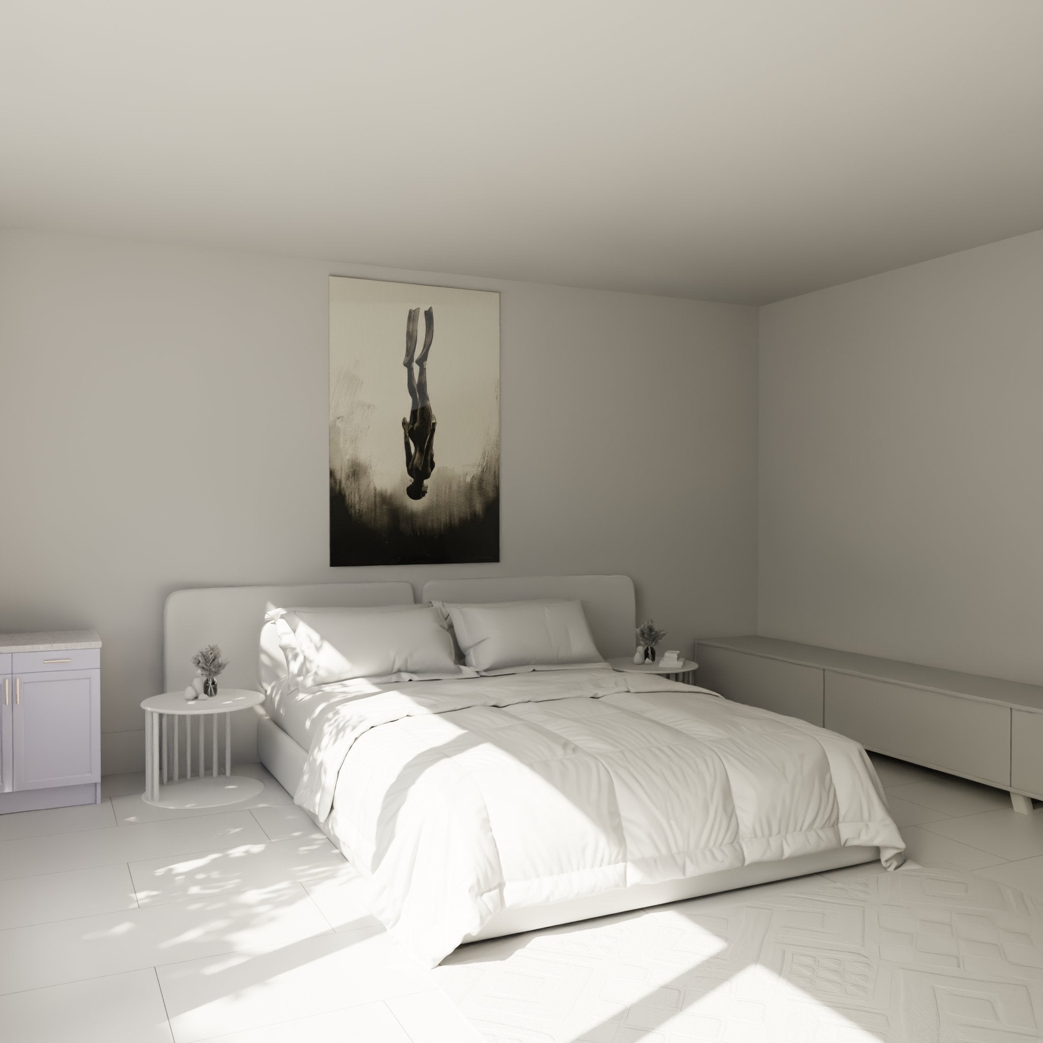Decorazione murale camera da letto con quadro sub apnea in atmosfera moderna e minimalista