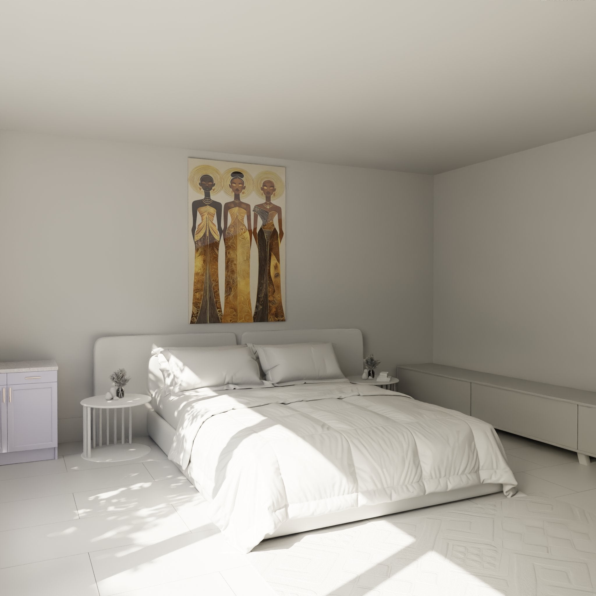 Decorazione camera da letto con quadro dee africane dorate, atmosfera etnica chic e spirituale