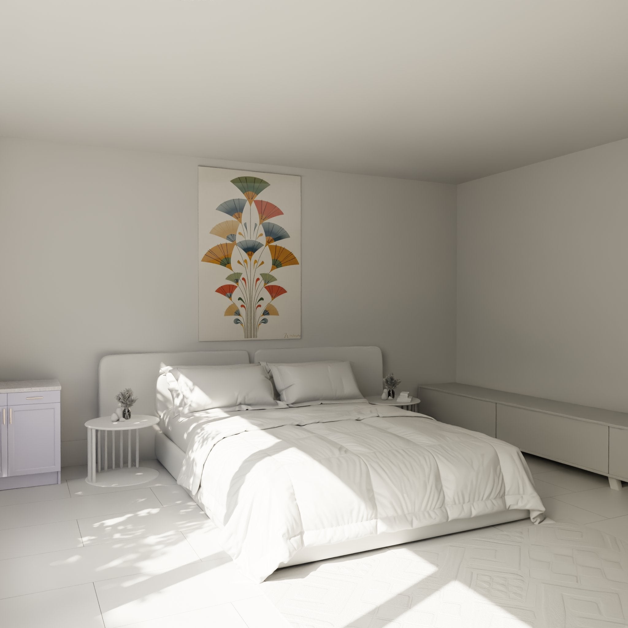 Art deco wall decoration with multicolored fans in a modern bedroom with neutral and elegant tones