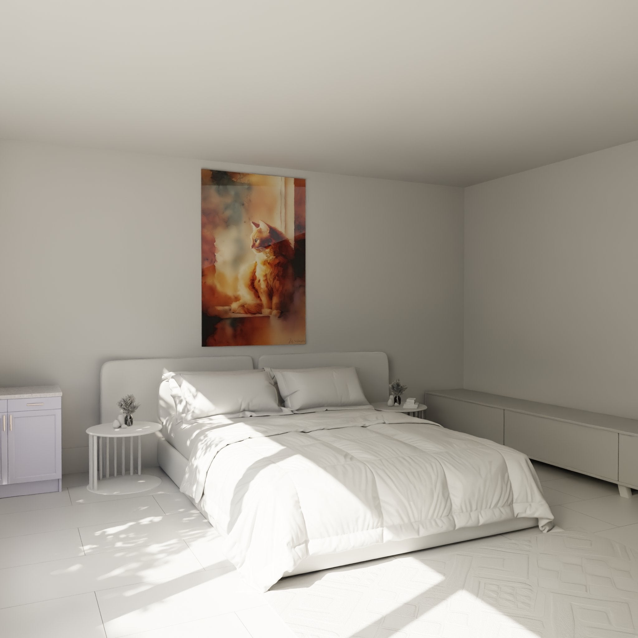 Tableau chat Somali lumineux dans chambre moderne, décoration murale élégante tons chauds