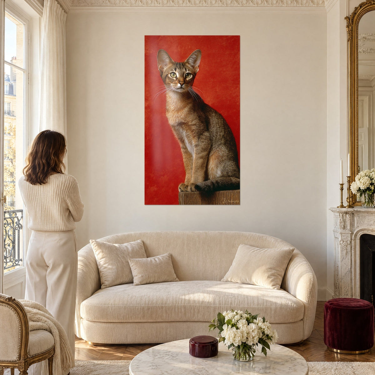 Gemälde Sokoke-Katze sitzend vor leuchtend zinnoberrotem Hintergrund, braunes Tabby-Fell und grüne Augen, über einem Sofa in einem hellen Wohnzimmer