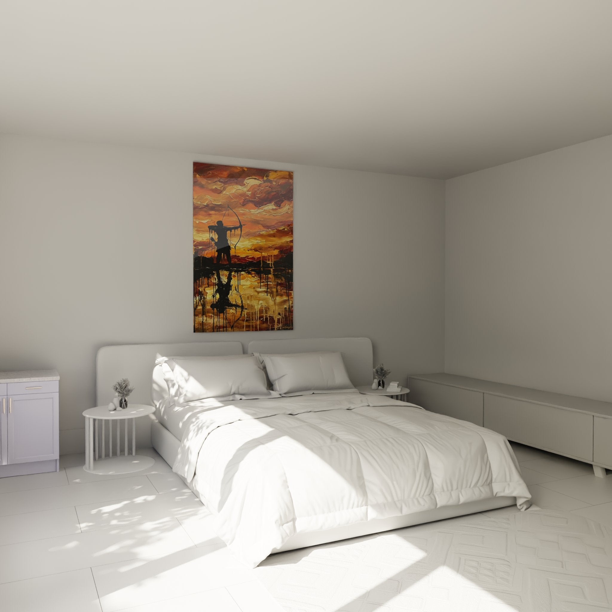 Tableau archer silhouette installé dans une chambre moderne avec décoration murale sportive
